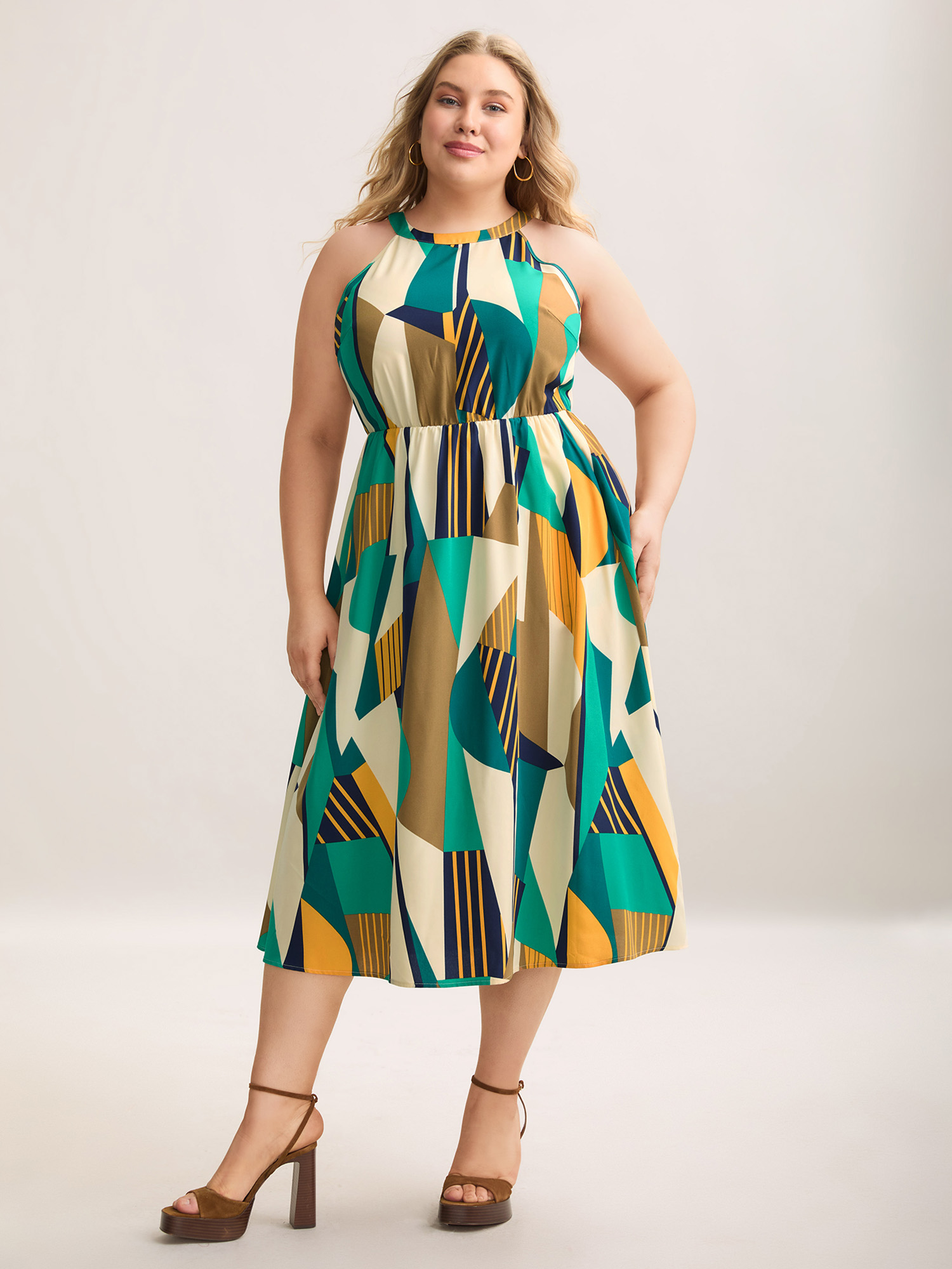 

Plus Size Abstract Print Halter Neck Pockets Midi Dress Multicolor Women Elegant Halter neck Sleeveless Curvy BloomChic