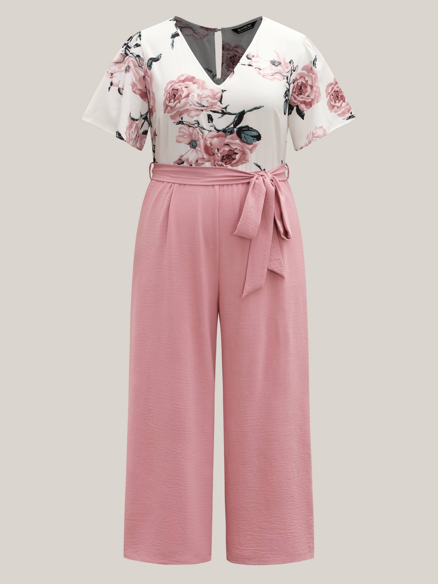 

Plus Size Beanpastepowder Floral Print Belted Pockets Spliced Jumpsuit Women Elegant Short sleeve V-neck Everyday Loose Jumpsuits BloomChic