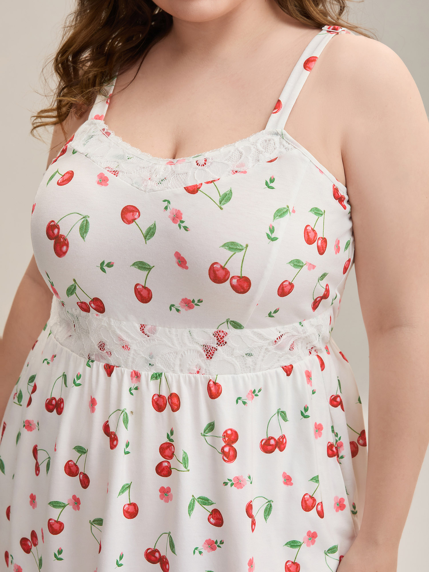 

Plus Size Cherry Print Lace Detail Cami Sleep Dress Originalwhite Sleeveless V-neck Lounge Everyday  Bloomchic