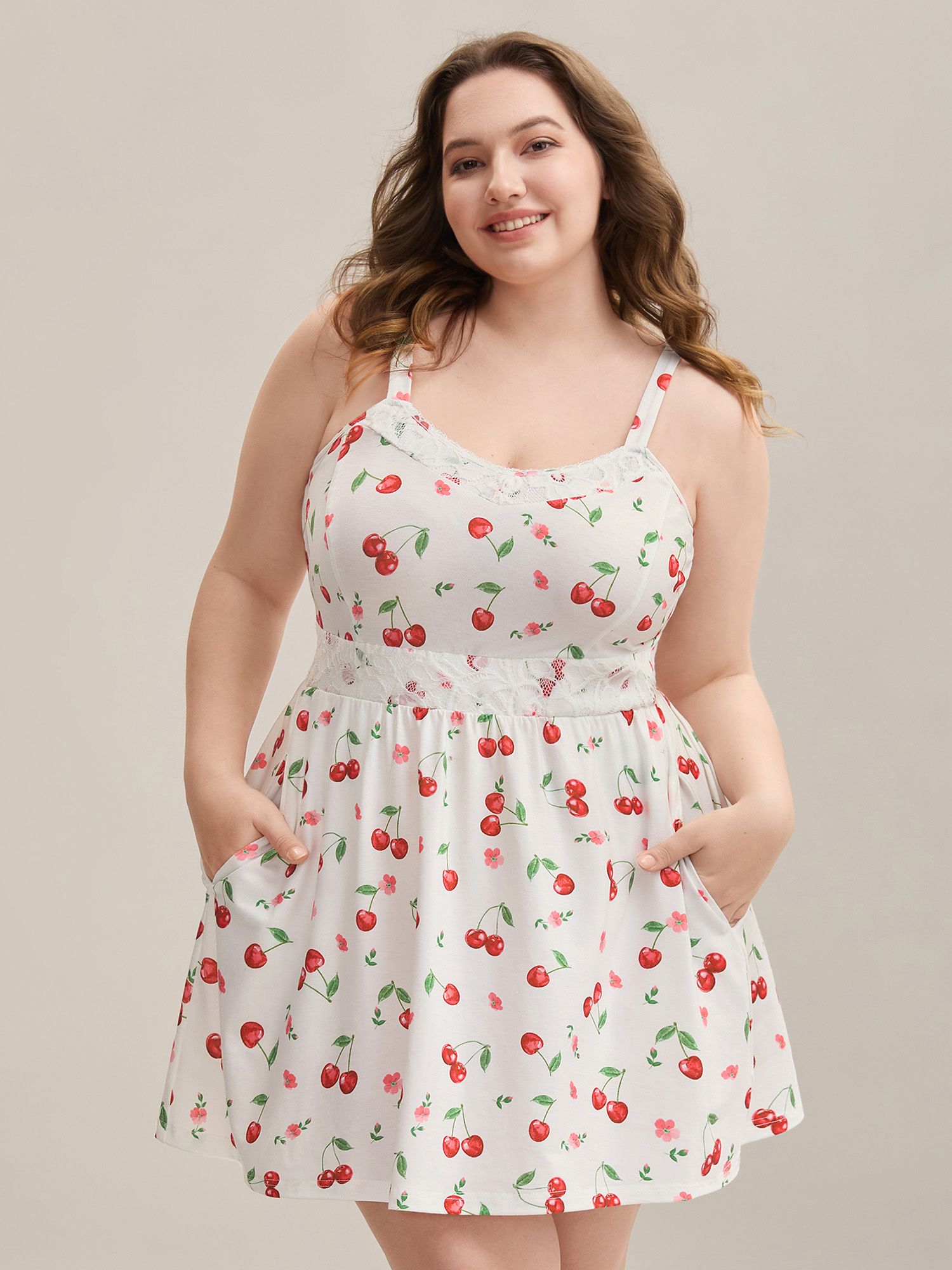 

Plus Size Cherry Print Lace Detail Cami Sleep Dress Originalwhite Sleeveless V-neck Lounge Everyday  Bloomchic