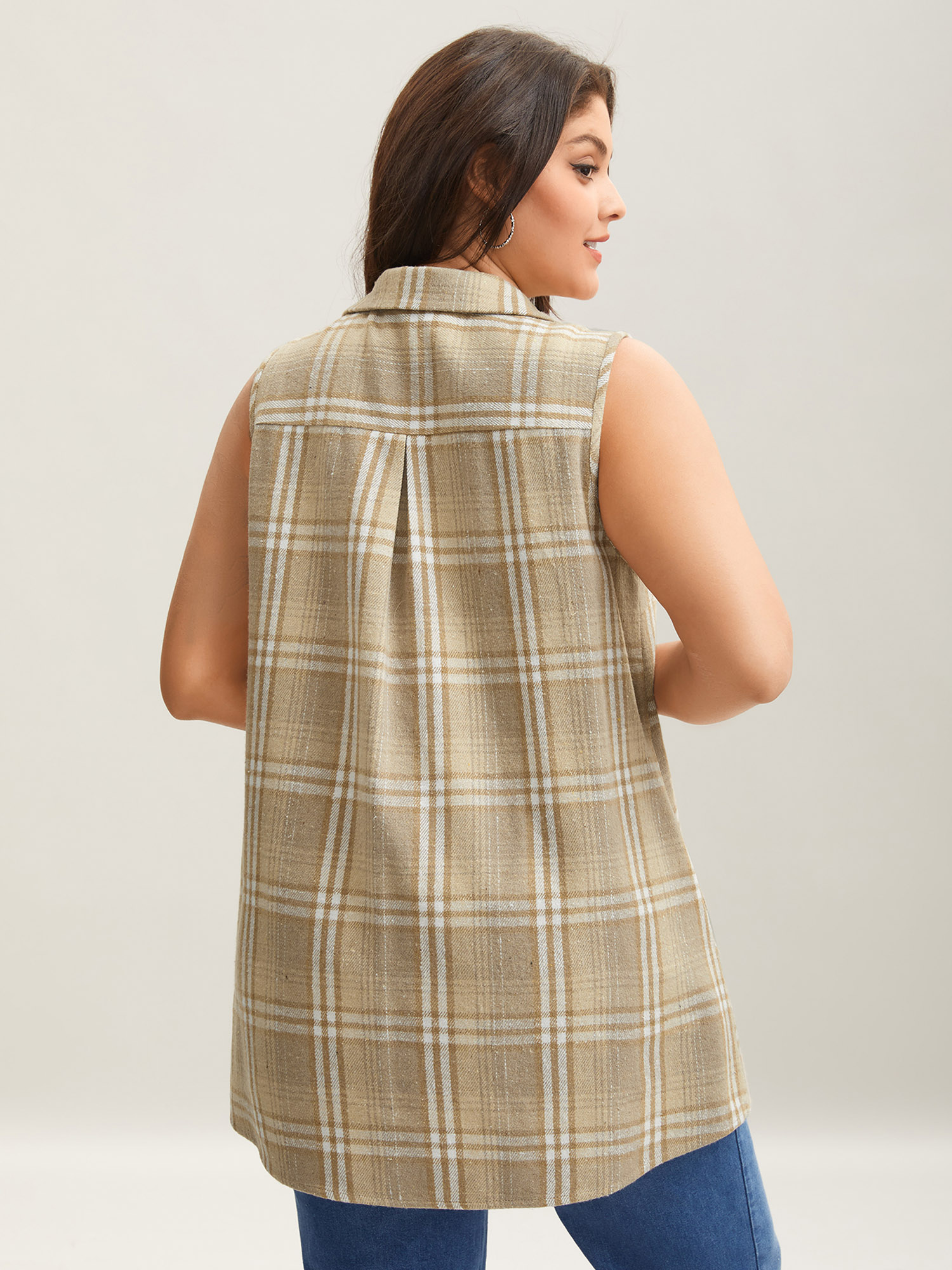 

Plus Size Plaid Flap Detail Sleeveless Jacket Women LightBrown Button Side seam pocket Everyday Jackets BloomChic