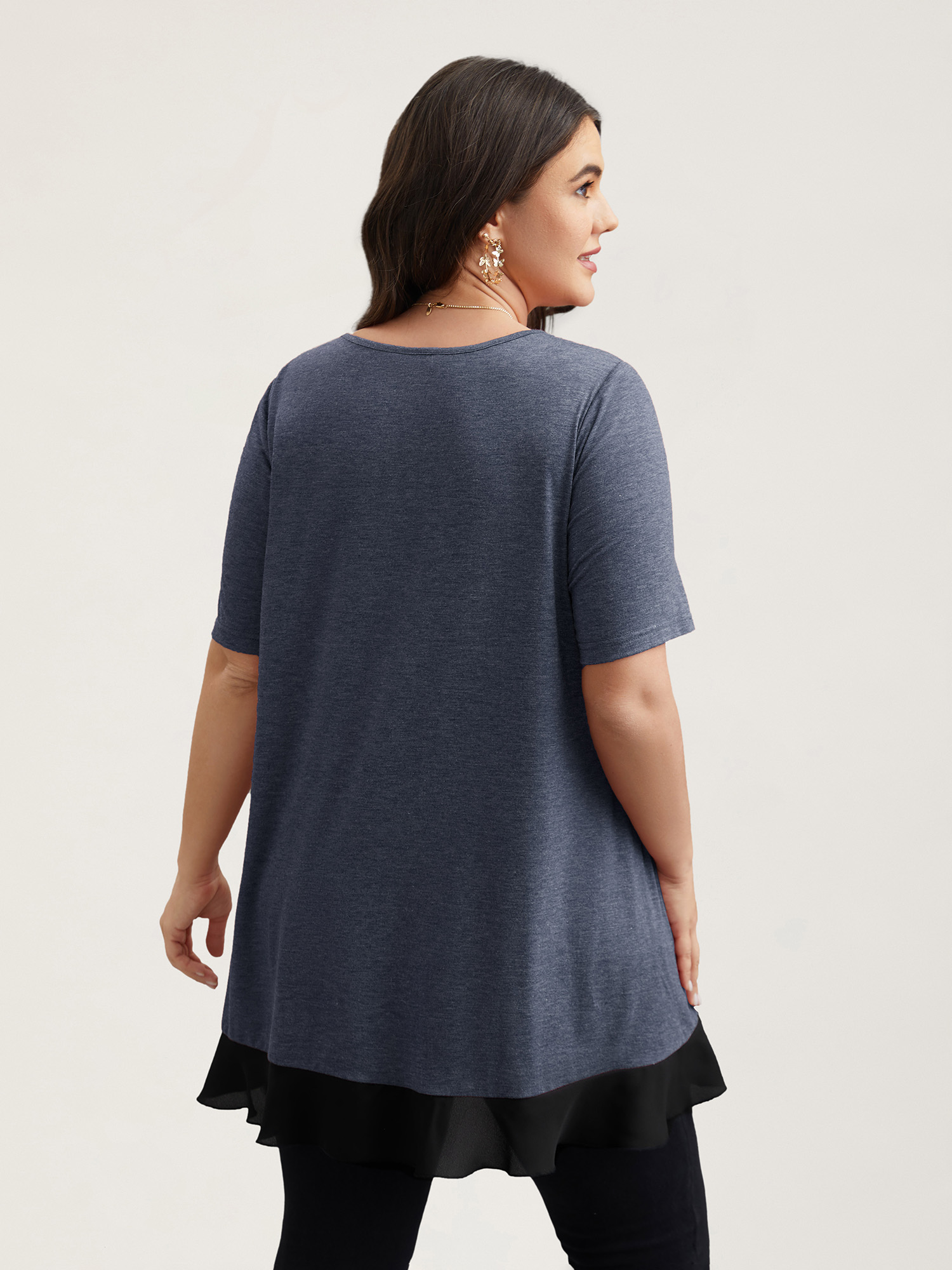 

Plus Size Color Contrast Overlap Hem Flared Top Indigo Round Neck Short sleeve Elegant Jersey Tops