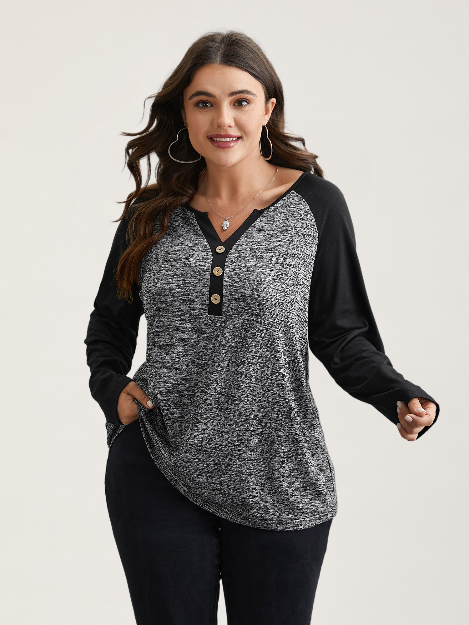 

Plus Size Heather Patchwork Button Detail Stretchy T-Shirt DarkGray Women Casual Contrast Flat collar with V-notch Everyday T-shirts BloomChic