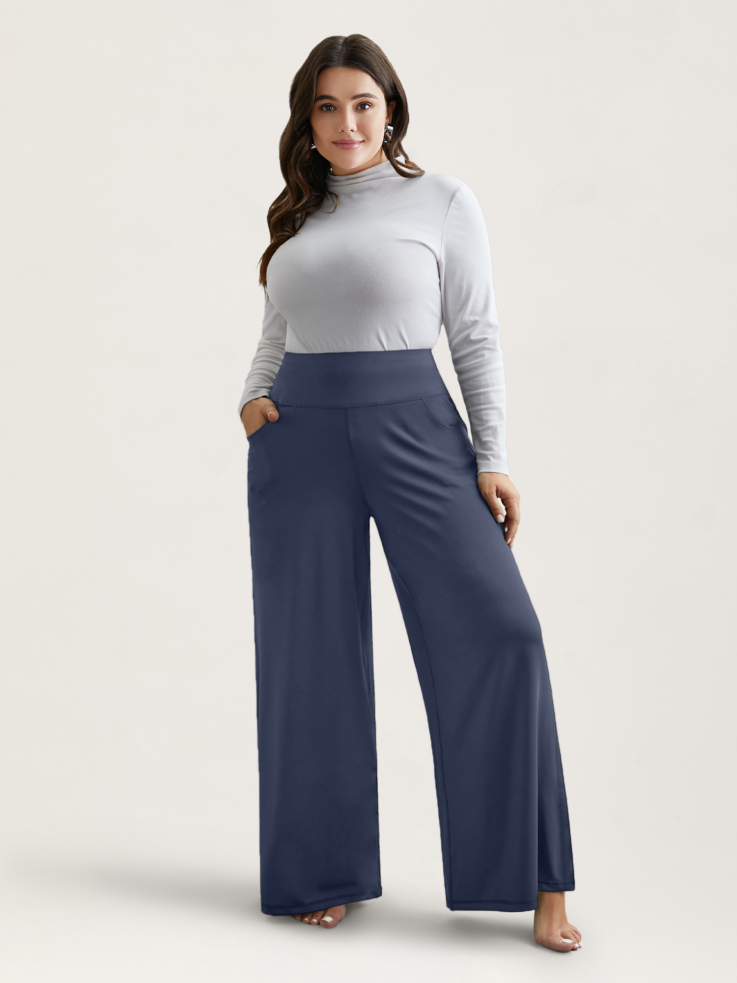 

Plus Size Super Stretchy Wide-Leg Casual Pocket Pants Women Stone Casual Mid Rise Everyday Pants BloomChic
