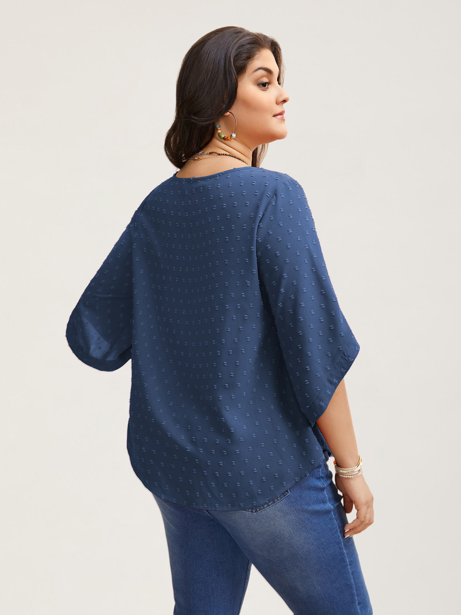 

Plus Size Indigo Textured Round Neck Bell Sleeve Blouse Women Elegant Elbow-length sleeve Round Neck Everyday Blouses BloomChic