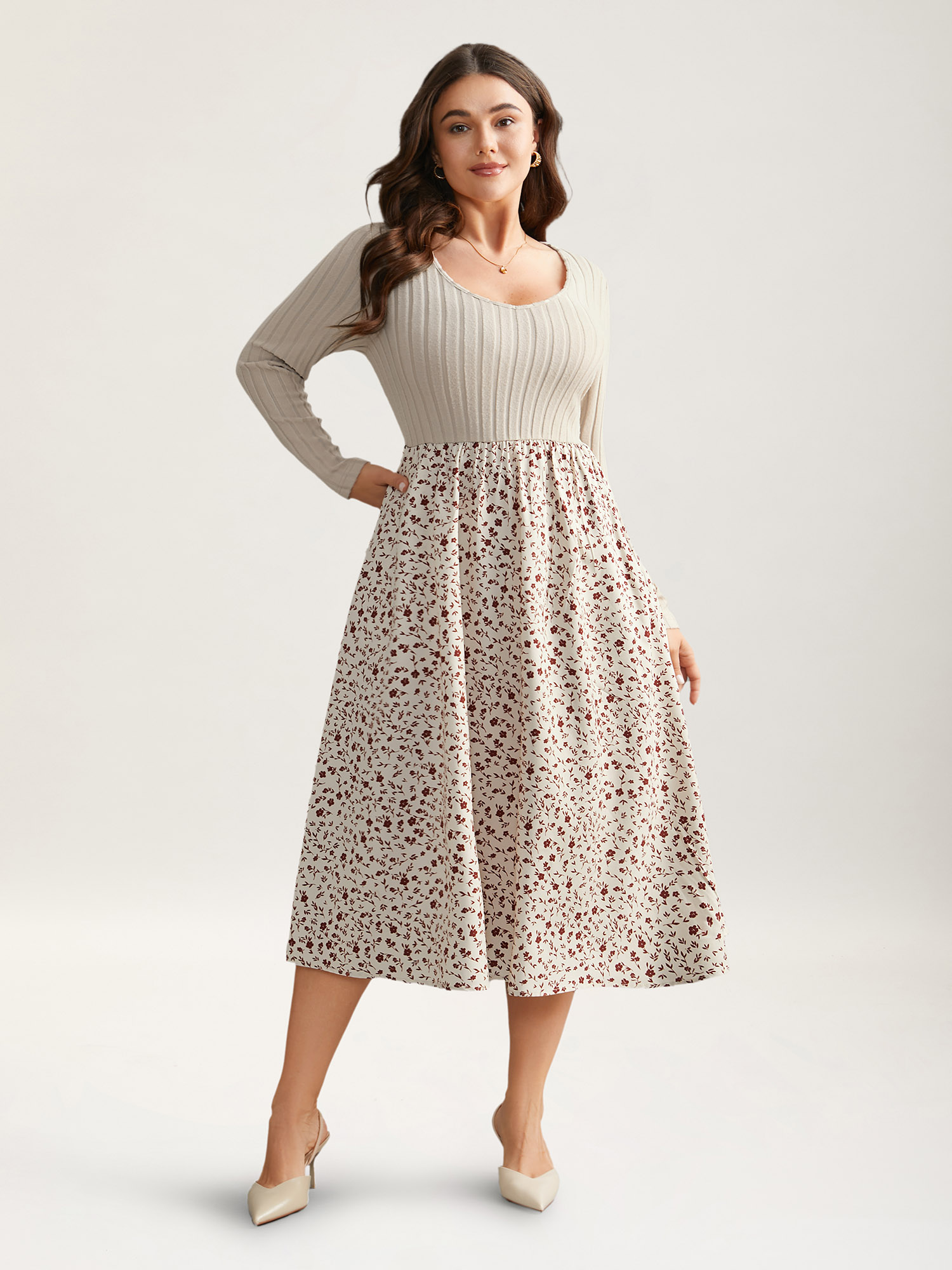 

Plus Size Ditsy Floral Patchwork Texture Midi Dress Apricot Women Elegant Texture V-neck Long Sleeve Curvy BloomChic