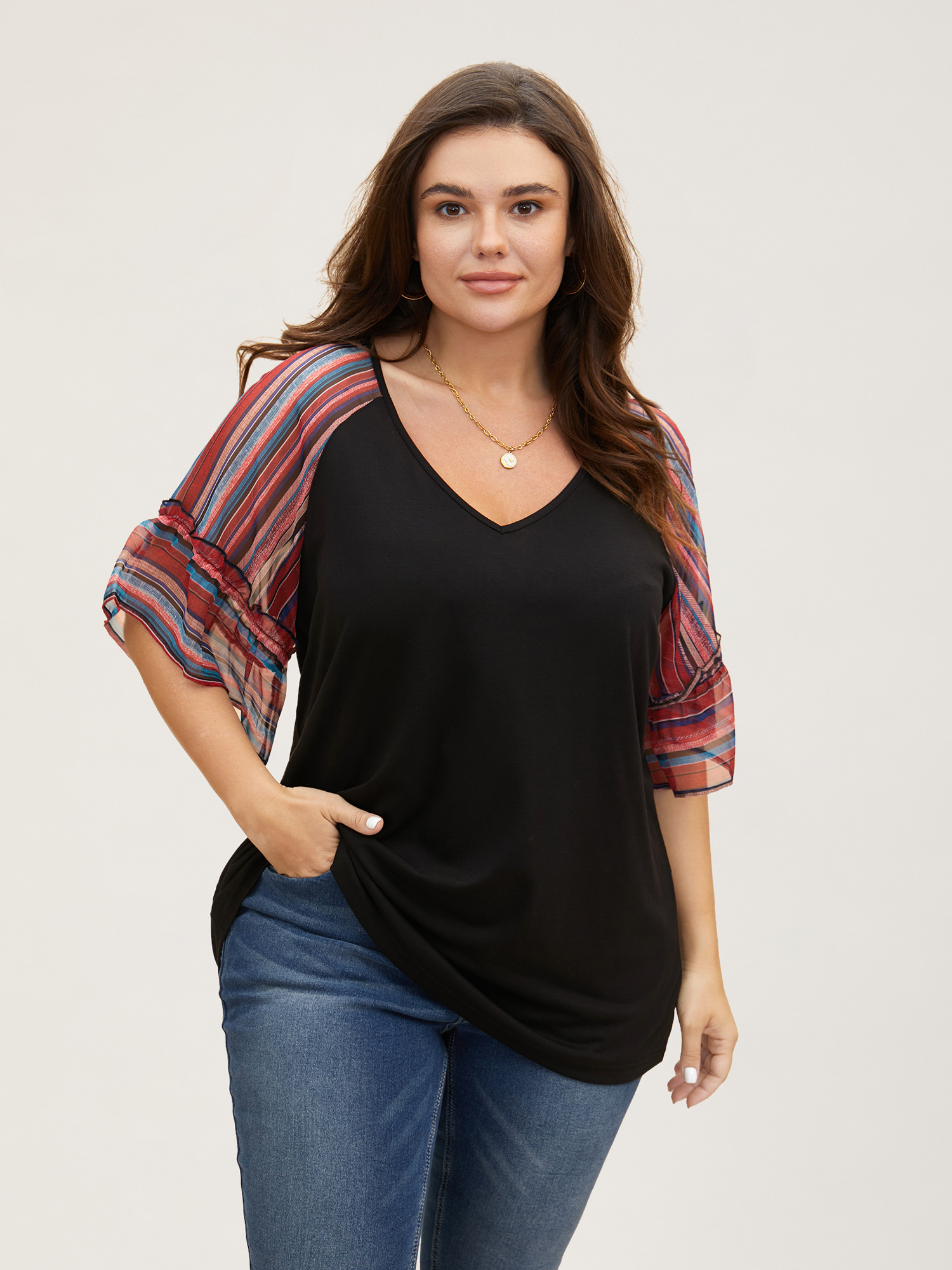 

Plus Size Boho Print Patchwork Raglan Sleeve T-Shirt Scarlet V-neck Half Sleeve Resort Jersey Tops