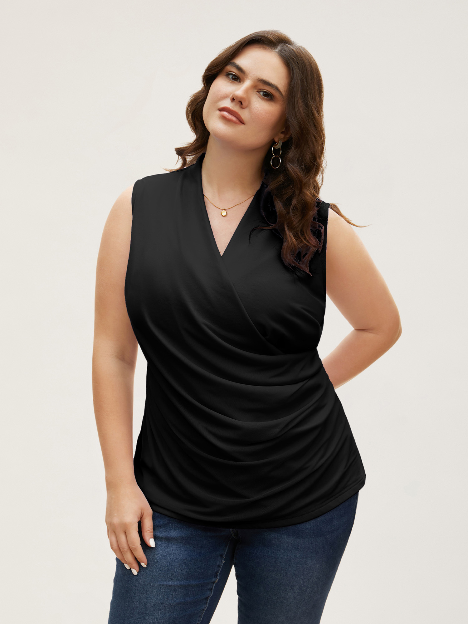 

Plus Size Overlap Collar Solid Pleated Tank Top Women Black Elegant Pleated Overlap Collar Everyday Tank Tops Camis BloomChic