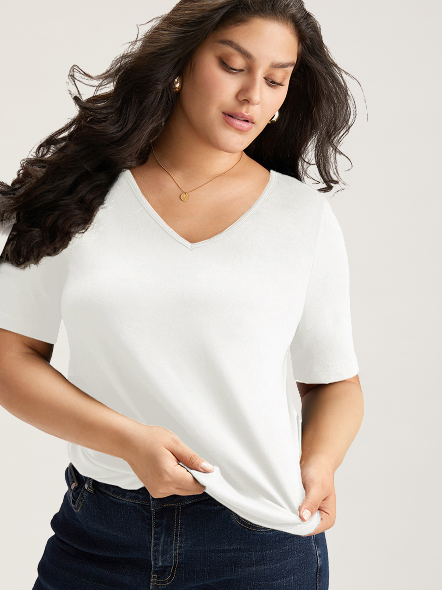 

Plus Size Cotton V Neck Plain Basic T-shirt White Women Basics Non Plain V-neck Everyday T-shirts BloomChic