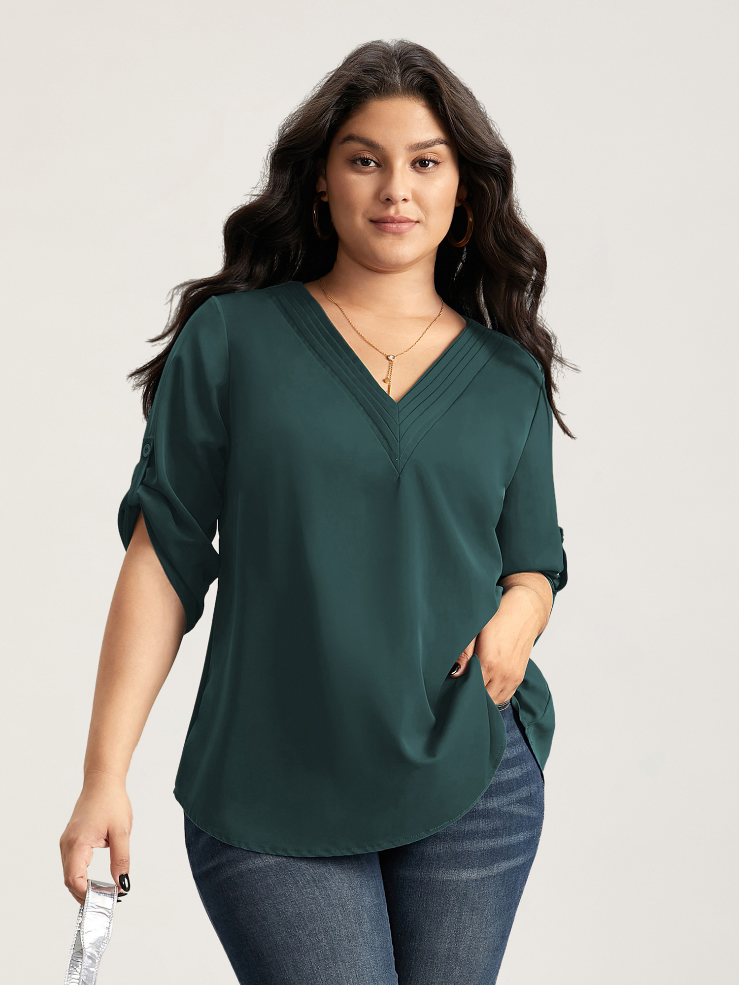 BloomChic Women's Plus Size V Neck Plain Pleated Tab Sleeve Blouse Sea Moss Solid Office 3/4 Sleeve V-Neck 30/6X