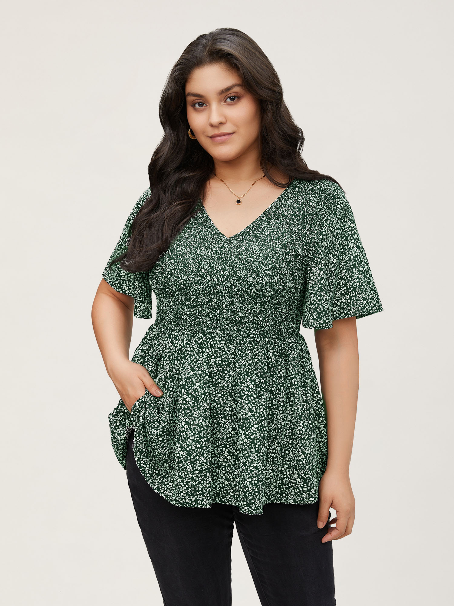 

Plus Size DarkGreen Ditsy Floral Shirred Ruffle Sleeve Elastic Waist Blouse Women Elegant Short sleeve V-neck Everyday Blouses BloomChic