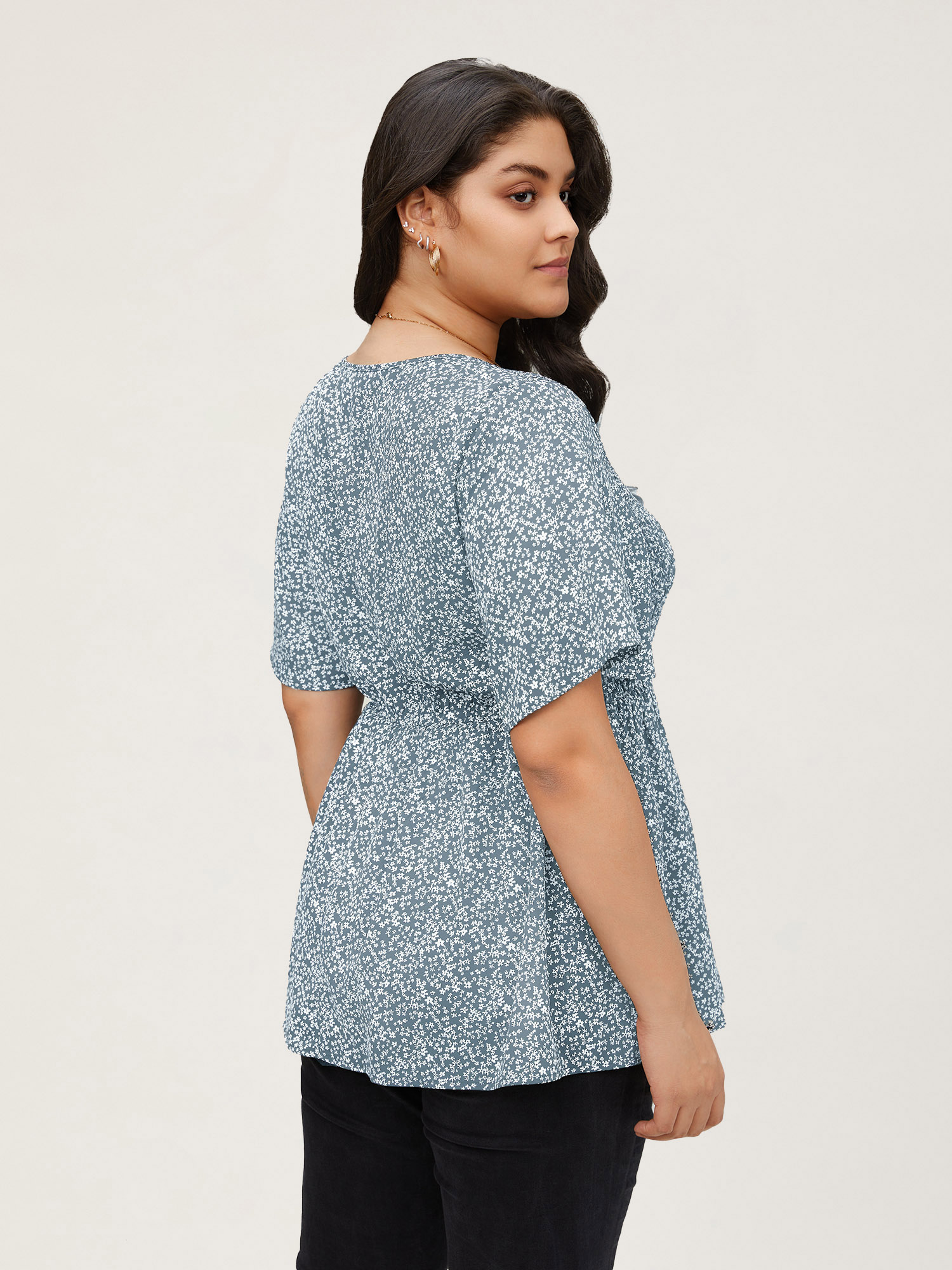 

Plus Size LightBlue Ditsy Floral Shirred Ruffle Sleeve Elastic Waist Blouse Women Elegant Short sleeve V-neck Everyday Blouses BloomChic