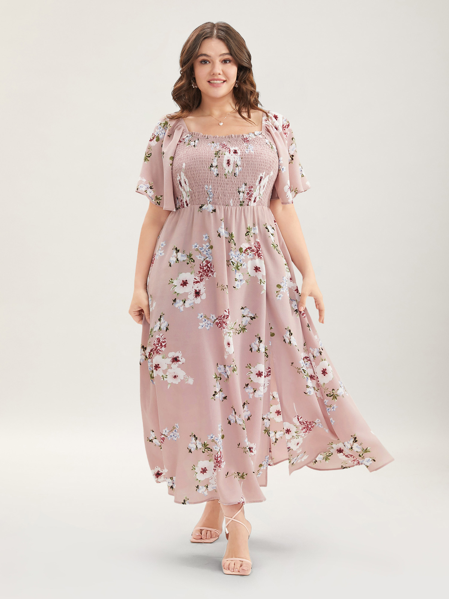 

Plus Size Floral Square Neck Ruffles Pocket Shirred Split Dress DustyPink Women Elegant Non Square Neck Short sleeve Curvy BloomChic