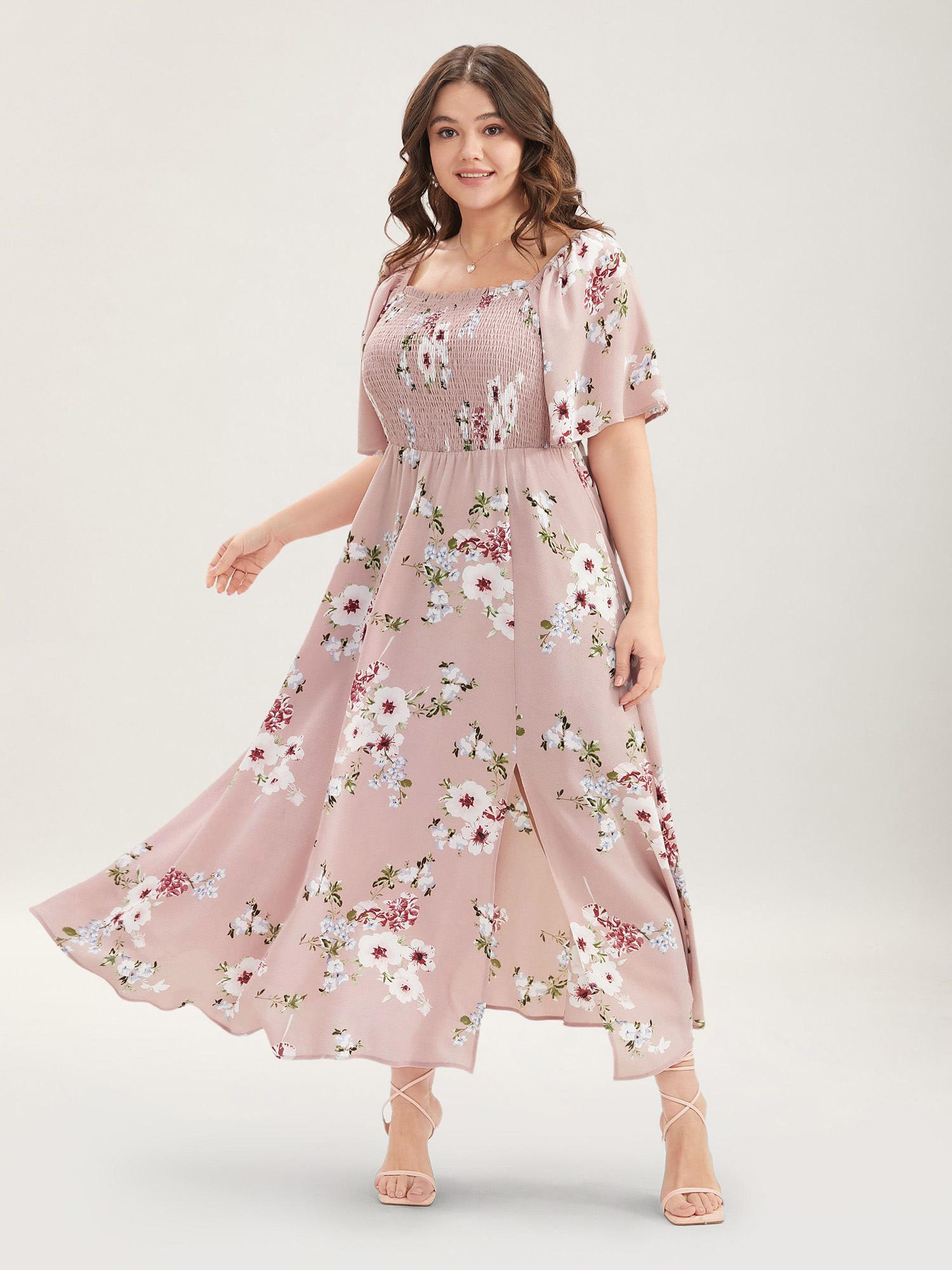 BloomChic Plus Size Floral Square Neck Ruffles Pocket Shirred Split Dress - Curve Ladies DustyPink Elegant Short sleeve Floral Side seam pocket Daily Dresses 22-24/2X