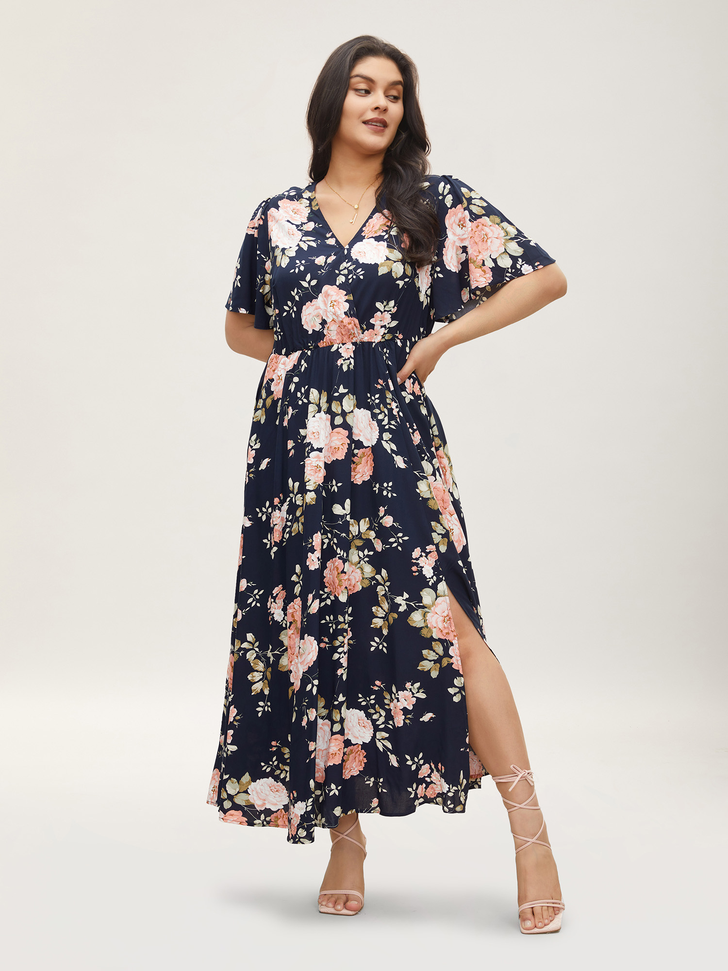 BloomChic Women's Plus Size Bloom Dress - Flutter Sleeve Ditsy Floral Pocket Split Maxi Dress DarkBlue Ditsy Floral Longline Everyday-Elegant Wrap / Overlap 10/M
