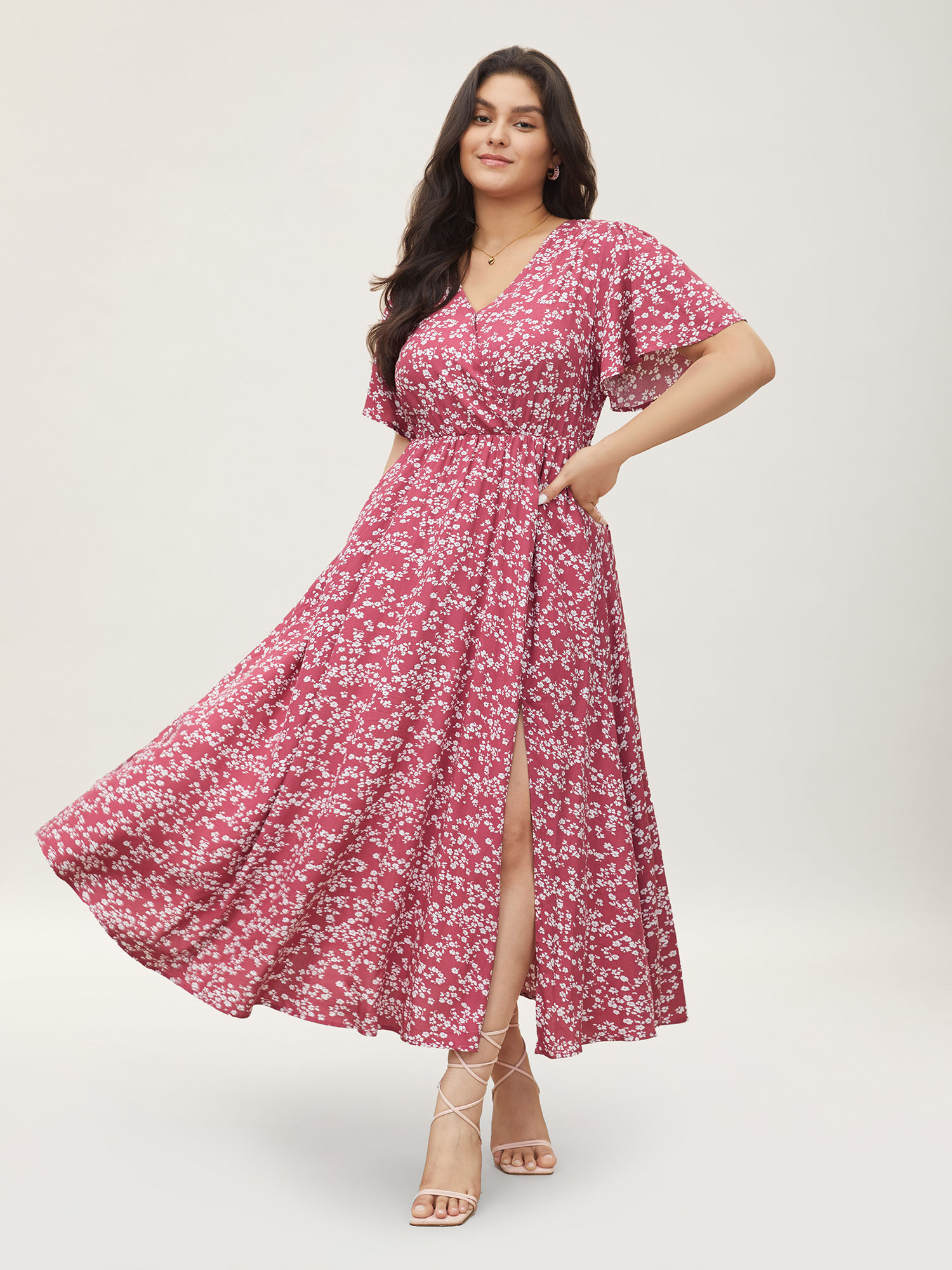 BloomChic Women's Plus Size Bloom Dress - Flutter Sleeve Ditsy Floral Pocket Split Maxi Dress DustyPink Ditsy Floral Longline Everyday-Elegant Wrap / Overlap 28/5X