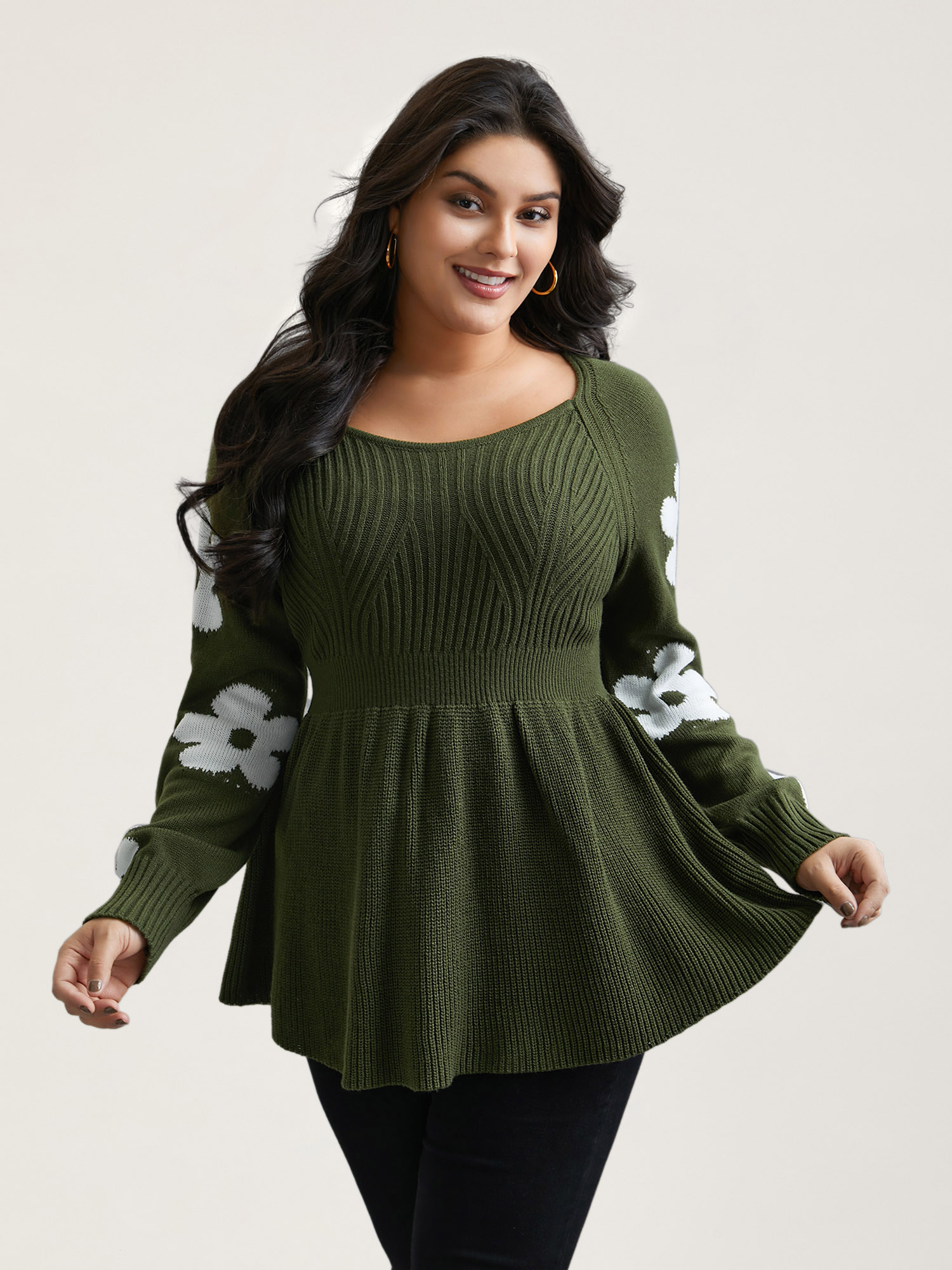 BloomChic Plus Size Floral Patch Jacquard Cinched Waist Pullover - Curve Women's Winter Sweetheart Neck Fit & Flare Wide Waistband ArmyGreen Raglan sleeve Pullovers 14/M