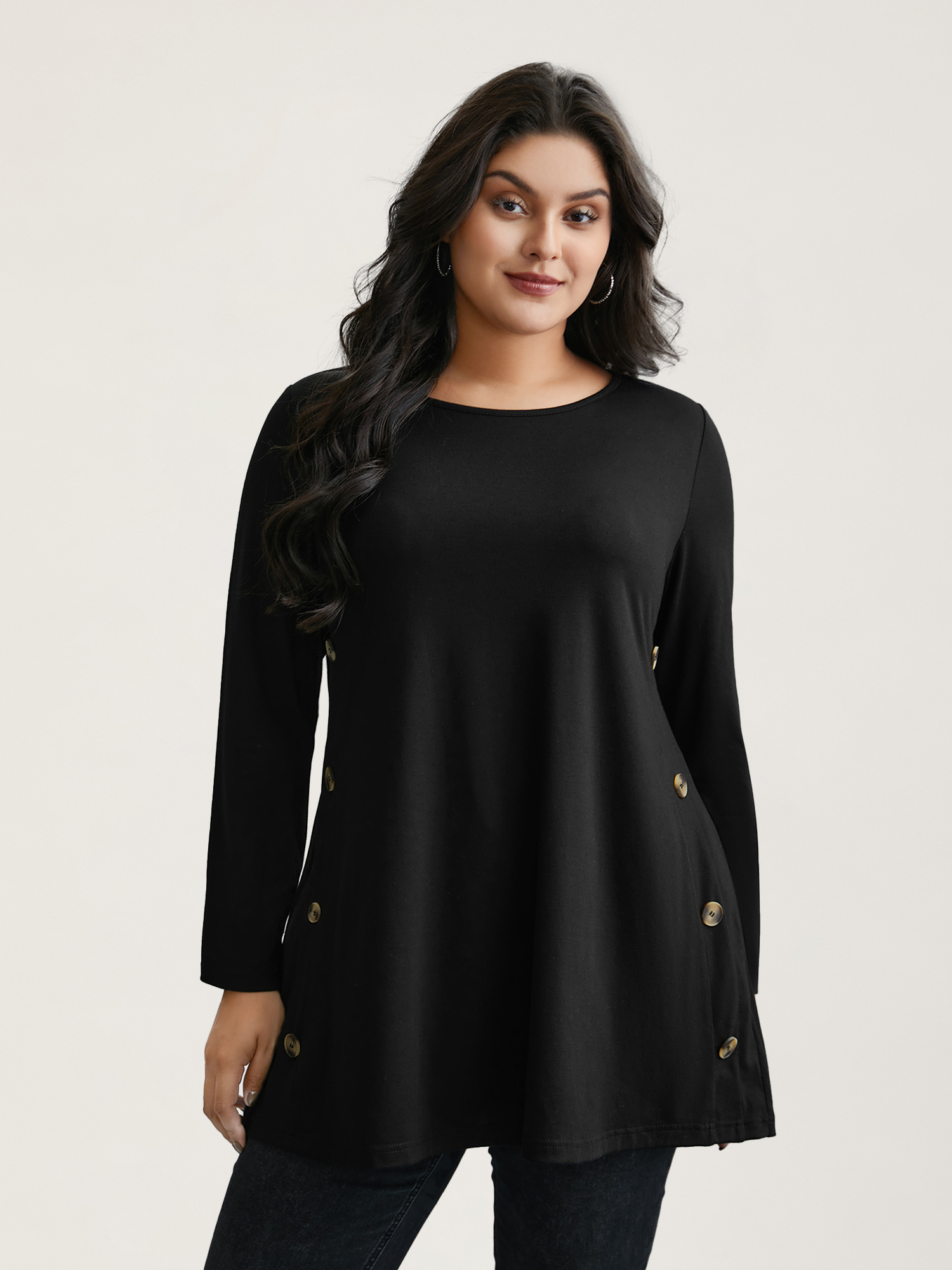 

Plus Size Round Neck Button Slim-Fit Knit Top Black Round Neck Extra Long Sleeve Casual Jersey Tops