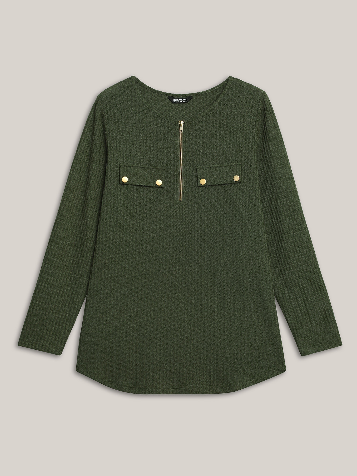 

Plus Size Half Zipper Flap Detail Pockets Knit Top ArmyGreen Round Neck Long Sleeve Elegant Jersey Tops