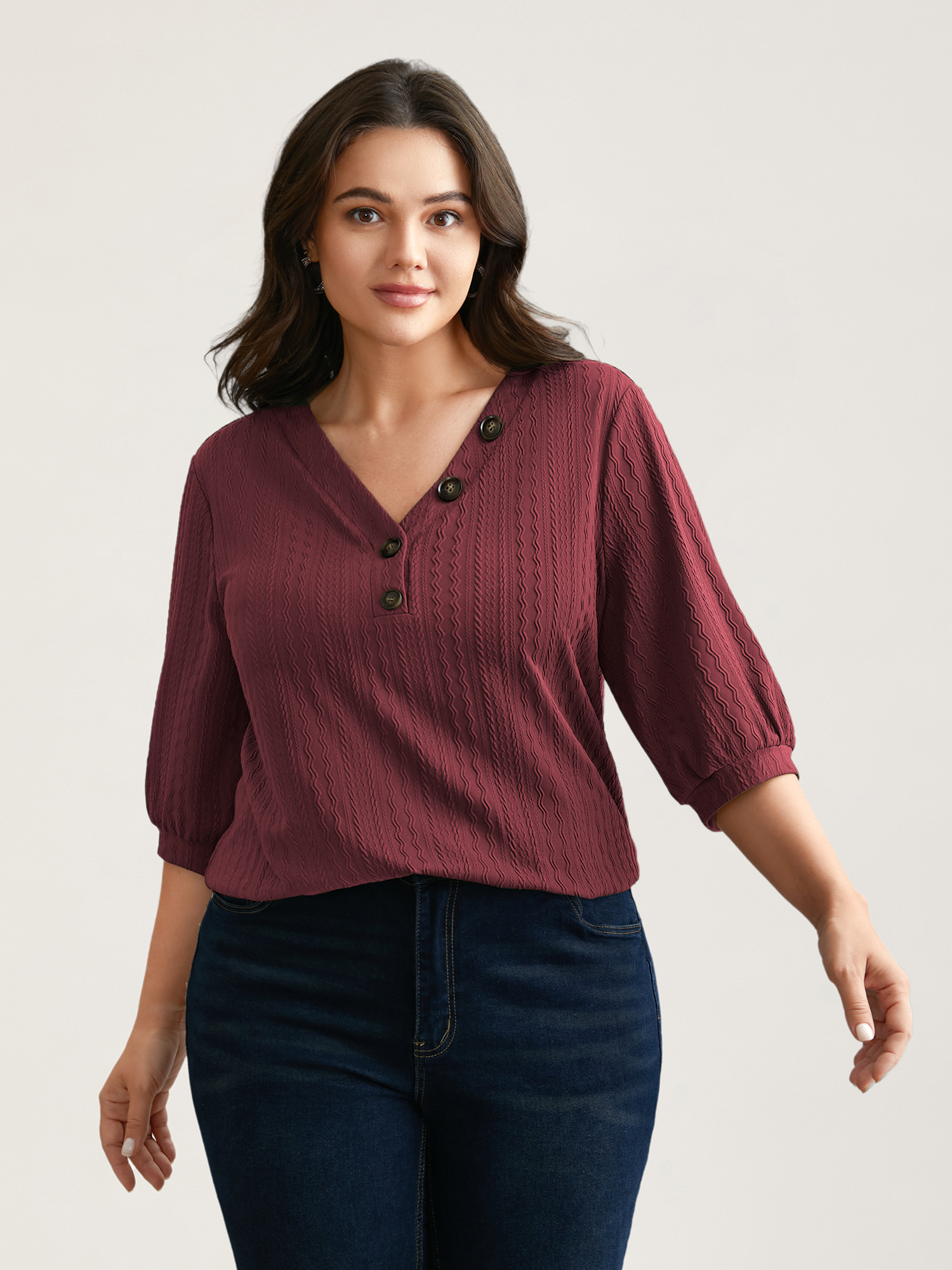 

Plus Size Plain Knit Texture Gathered Top Scarlet V-neck Elbow-length sleeve Elegant Jersey Tops