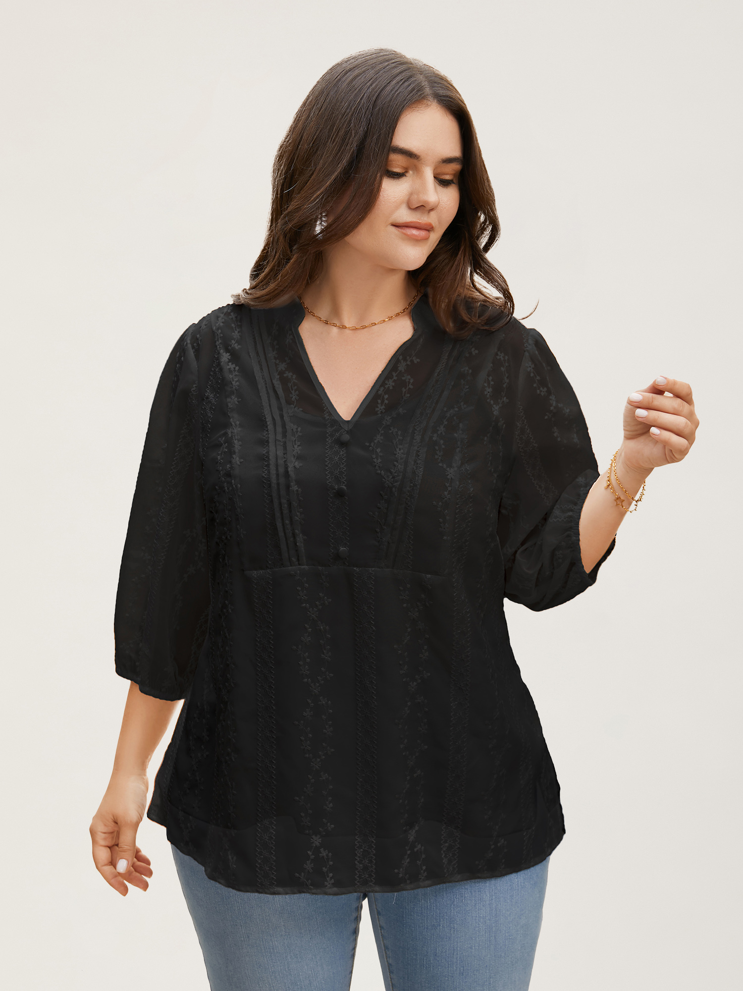 

Plus Size Black Texture Mesh Button Detail Tucked Seam Blouse Women Elegant Elbow-length sleeve V-neck Everyday Blouses BloomChic