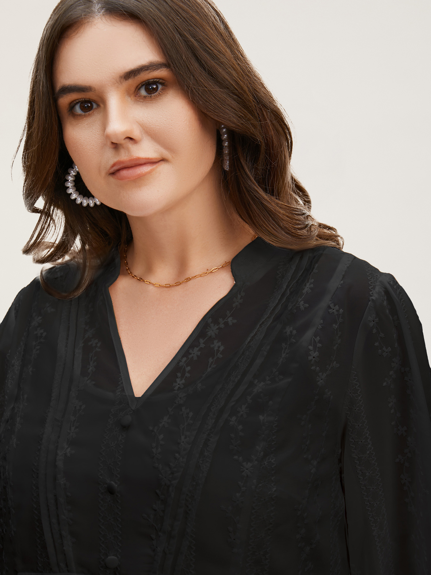 

Plus Size Black Texture Mesh Button Detail Tucked Seam Blouse Women Elegant Elbow-length sleeve V-neck Everyday Blouses BloomChic