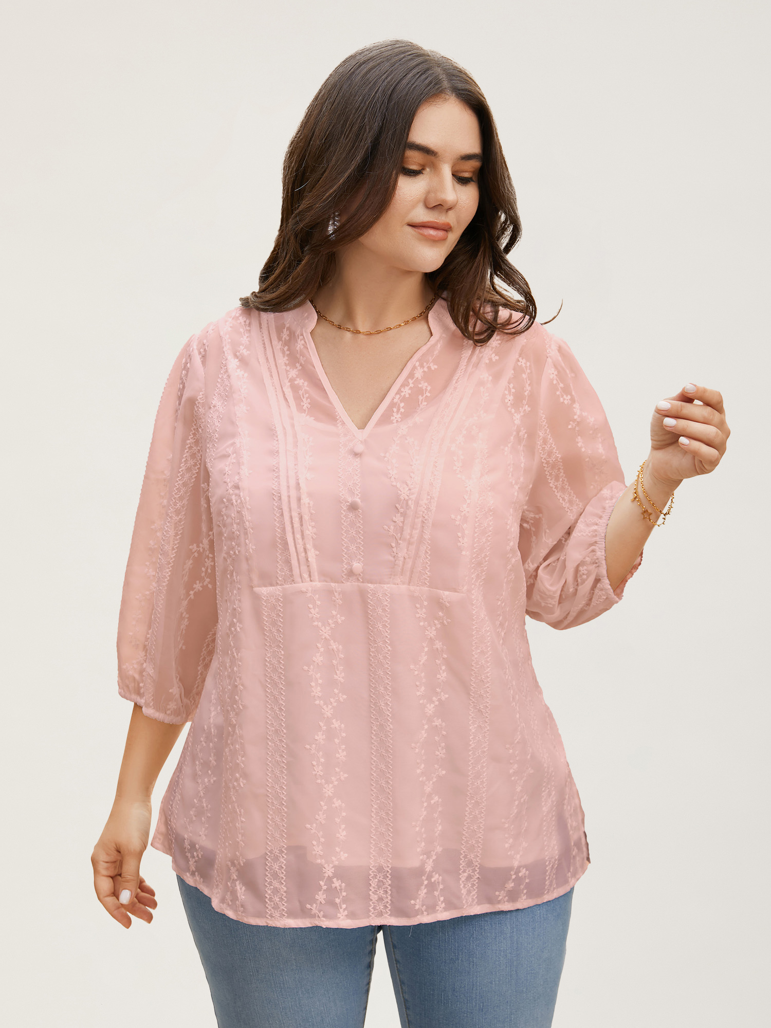 

Plus Size Lightpink Texture Mesh Button Detail Tucked Seam Blouse Women Elegant Elbow-length sleeve V-neck Everyday Blouses BloomChic