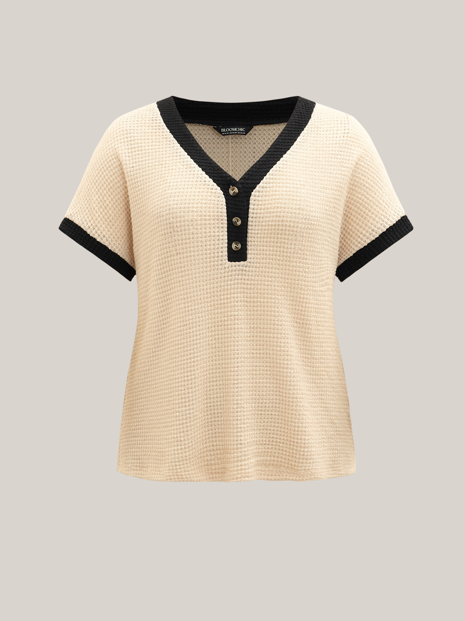 

Plus Size V Neck Contrast Button Detail Knit T-shirt Apricot Women Casual Texture V-neck Everyday T-shirts BloomChic