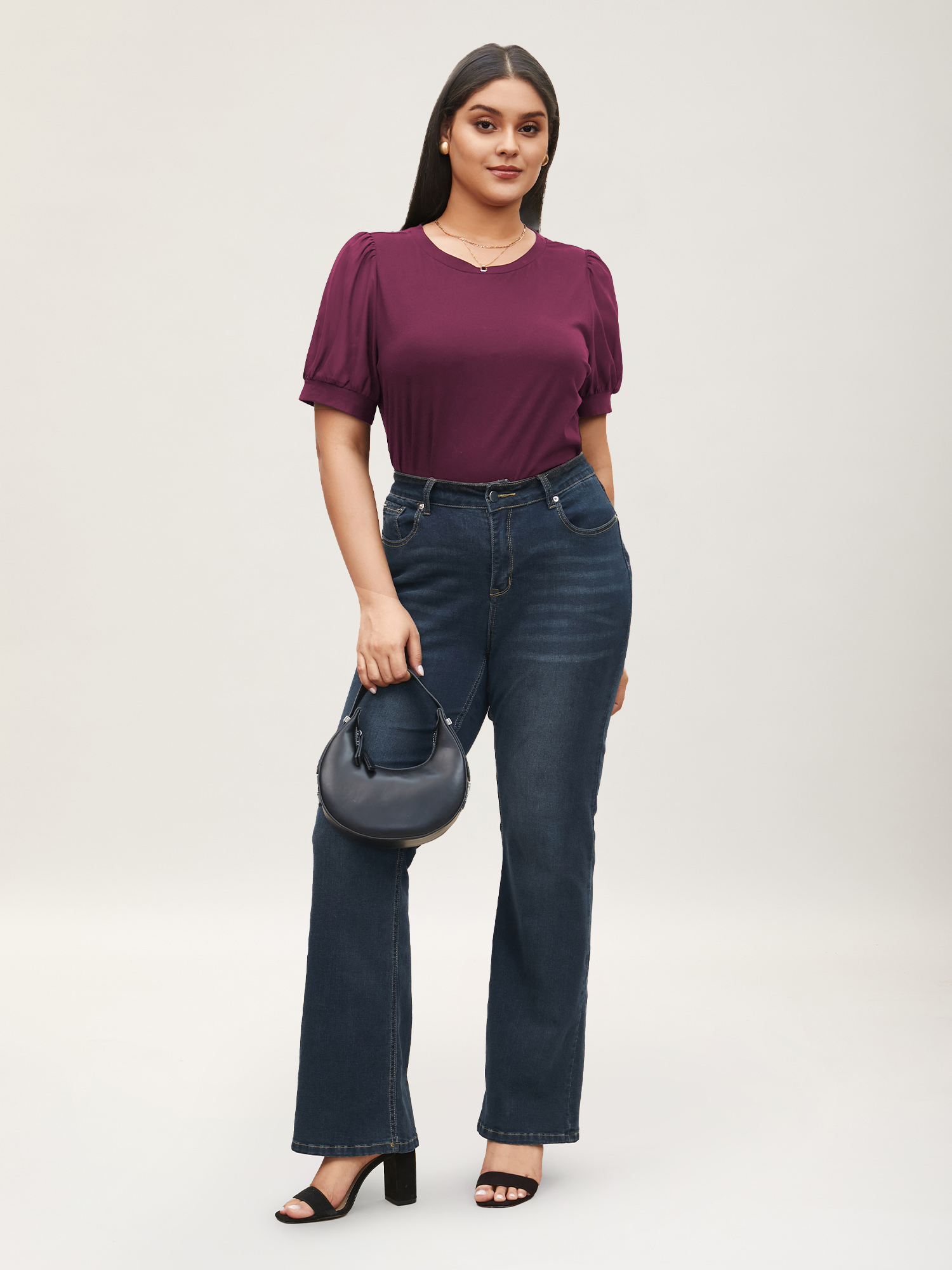 

Plus Size Solid Chiffon Patchwork Puff Sleeve T-shirt Plum Women Workwear Essentials Patchwork Round Neck Work T-shirts BloomChic