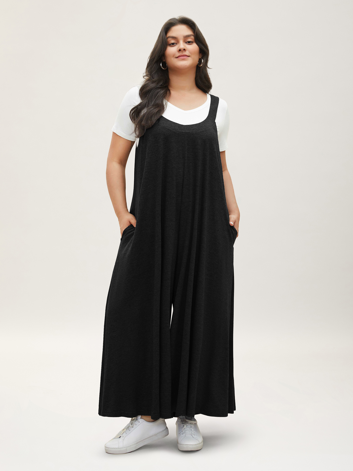 BloomChic Plus Size Supersoft Essentials Solid Pocket Adjustable Straps Jumpsuit - Curve Women's Black Playsuit - Side Pocket Straight fit Jumpsuits 22-24/2X