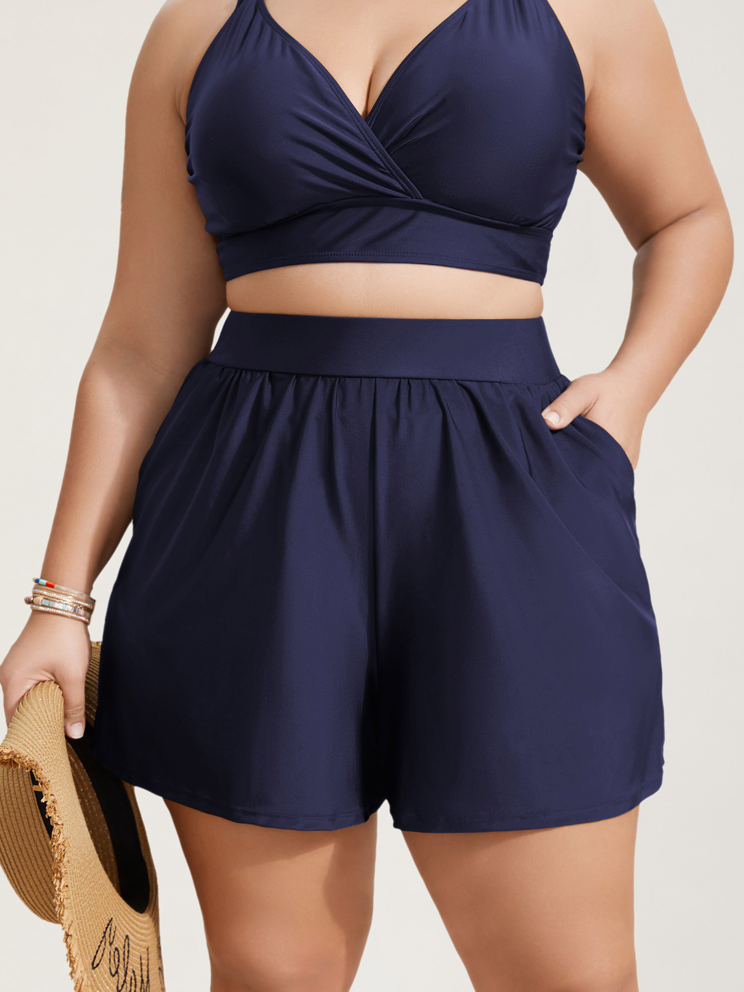 

Plus Size High Waisted Pockets Solid Pleated Swim Bottom Women's Swimwear Indigo Beach Gathered High stretch Bodycon High Rise Slanted pocket Curve Swim Bottoms BloomChic