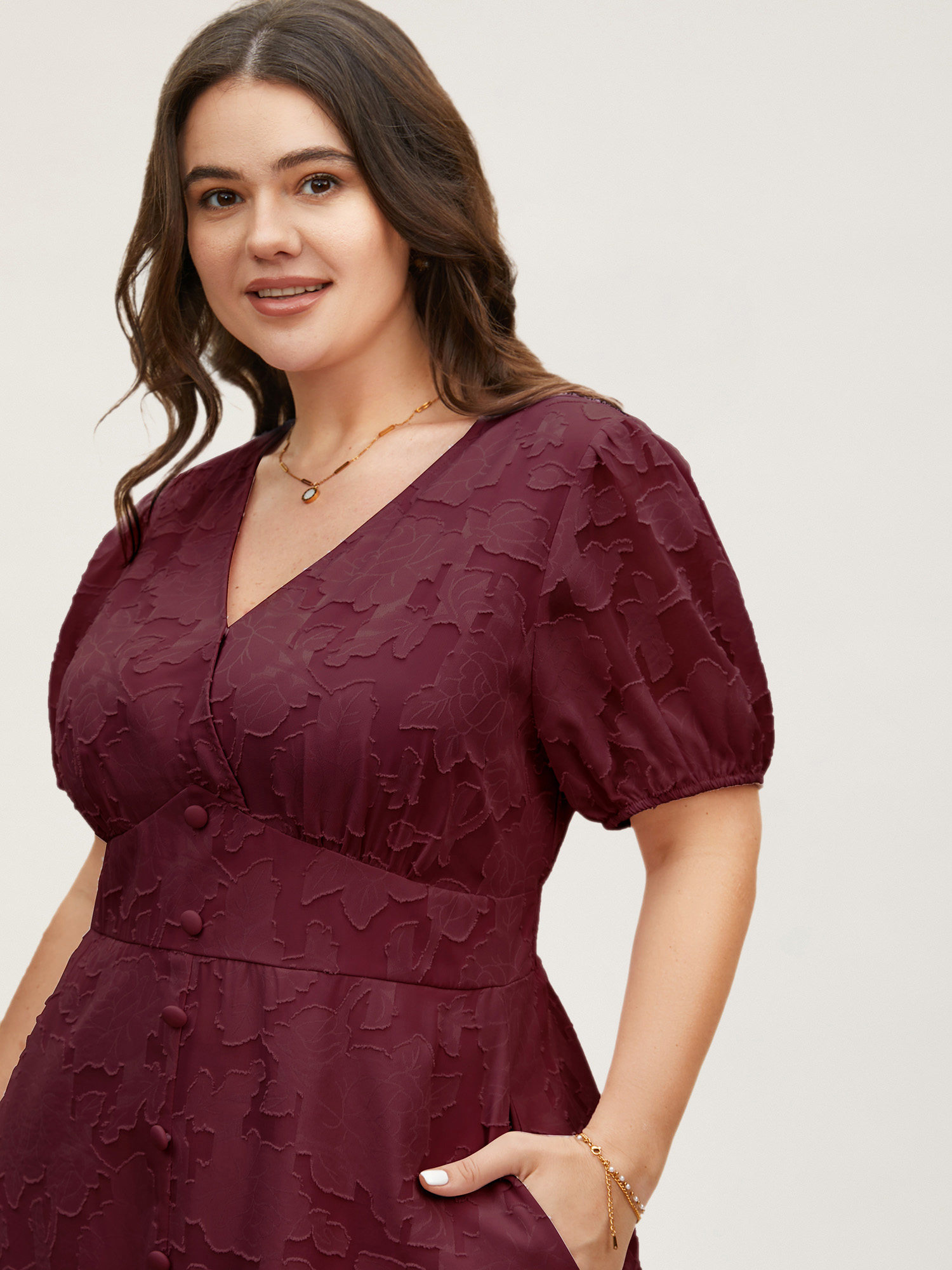 

Plus Size Solid Textured Lantern Sleeve Button Detail Dress Burgundy Women Elegant Button V-neck Short sleeve Curvy BloomChic