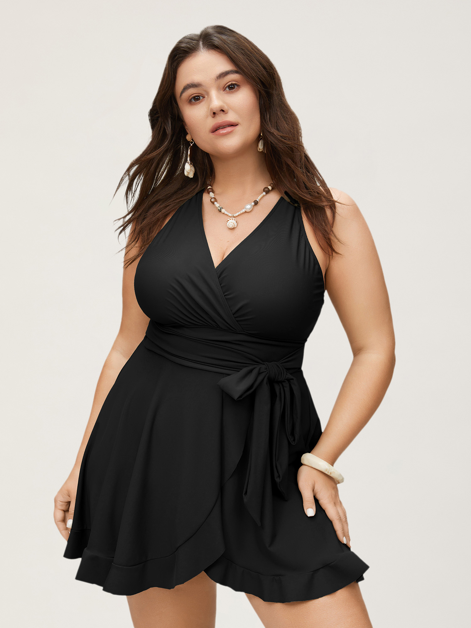 BloomChic Women's Plus Size Plain Ties Wrap Flutters Swim Dress Black Solid Lace-Up Contoured Hip Fit 12/L
