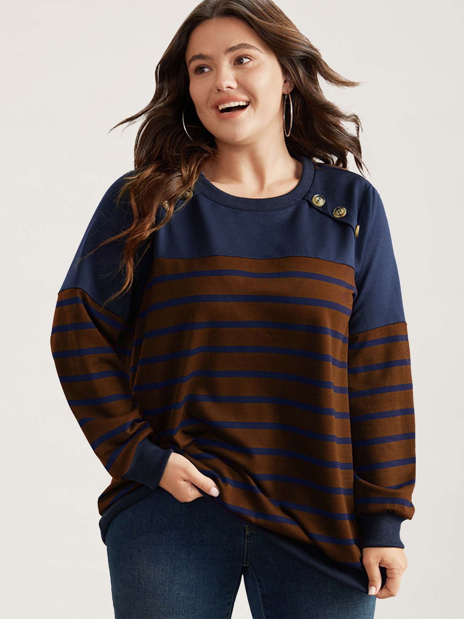 

Plus Size Striped Patchwork Button Detail Sweatshirt Women Bronze Casual Non Round Neck Everyday Sweatshirts BloomChic