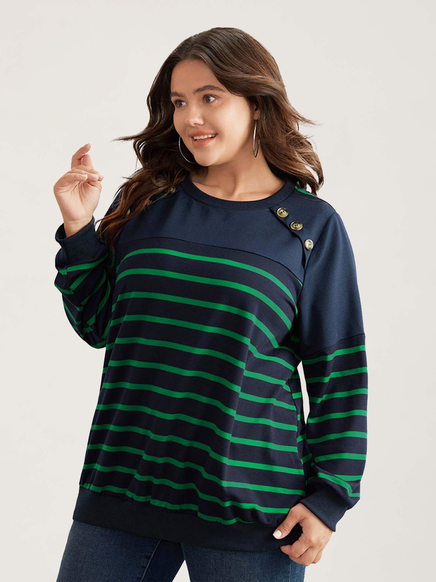 

Plus Size Striped Patchwork Button Detail Sweatshirt Women Blue Casual Non Round Neck Everyday Sweatshirts BloomChic