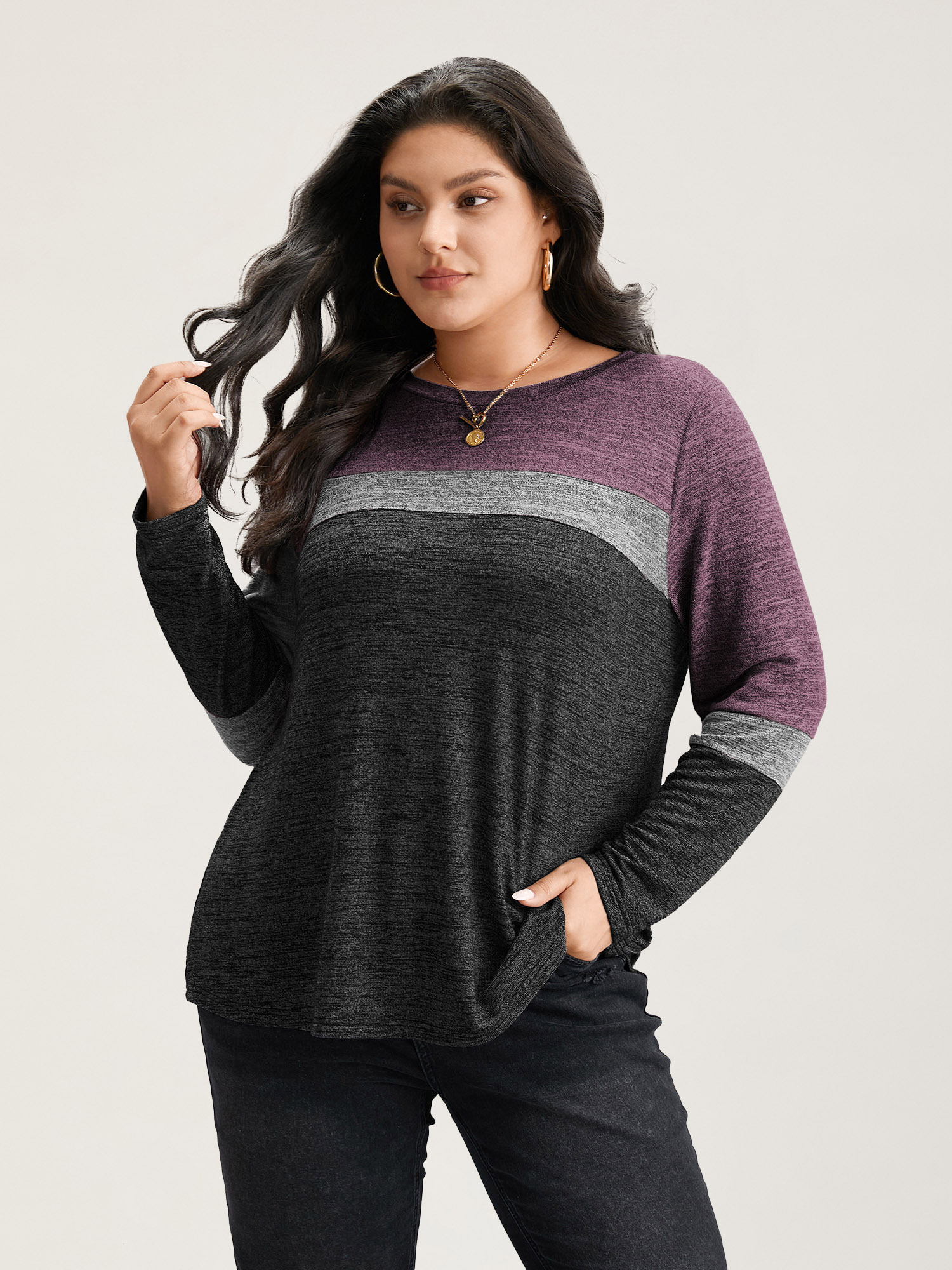 

Plus Size Heather Colorblock Contrast Crew Neck T-shirt Black Women Casual Texture Plain Round Neck Everyday T-shirts BloomChic