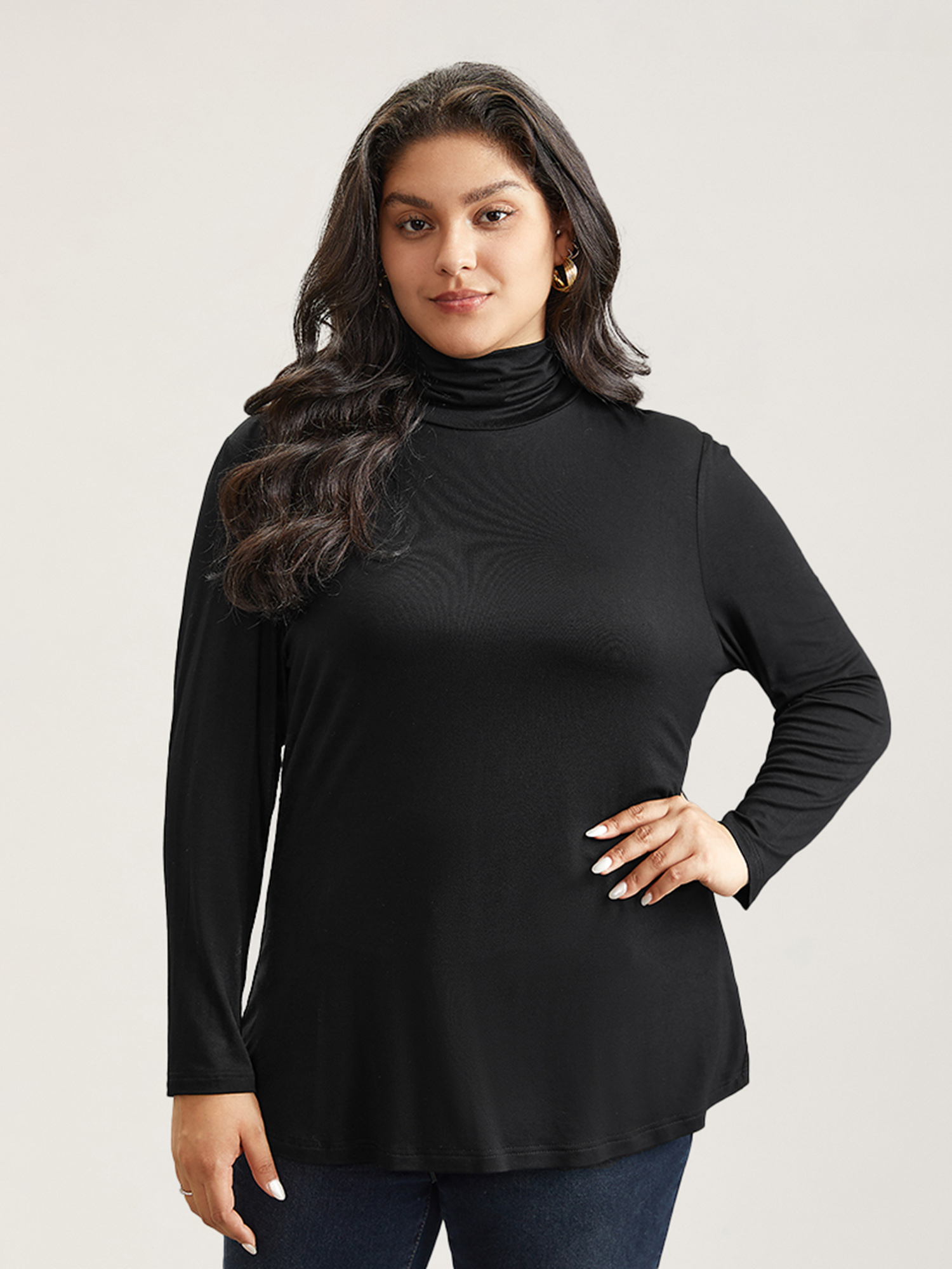 BloomChic Plus Size Supersoft Essentials Solid Funnel Neck Knit T-Shirt - Women's Black Solid Round Neck Comfort Midsection Fit Long Sleeve Playful T-shirts 14/M
