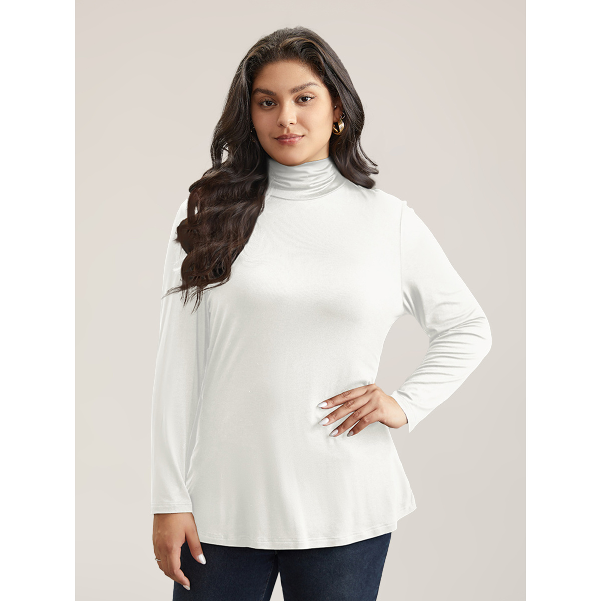 Plus Size Supersoft Essentials Solid Funnel Neck Knit T-shirt White Women Elegant Plain Plain Ruffled collar Bodycon Dailywear T-shirts BloomChic