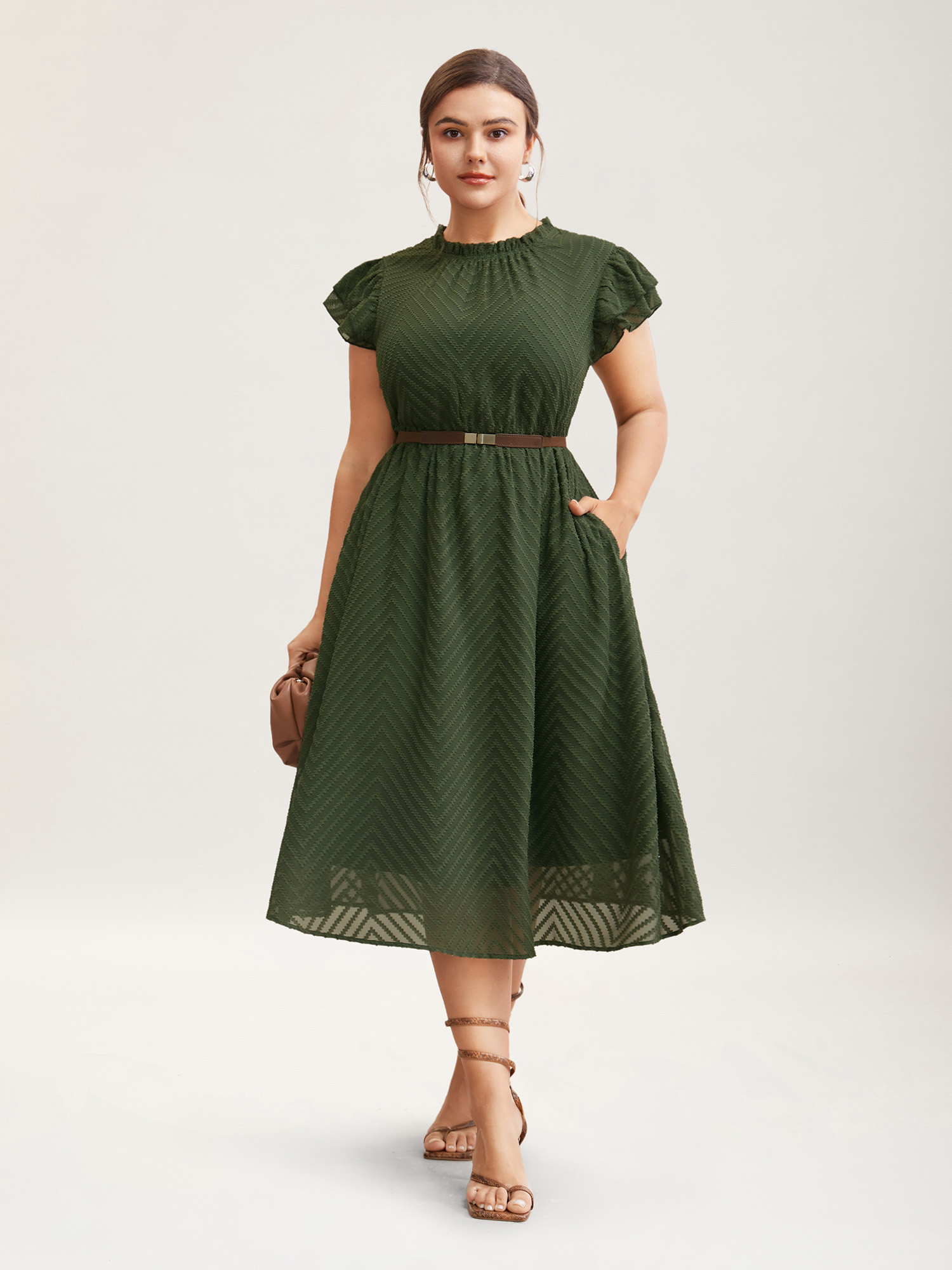 

Plus Size Plain Geometric Layered Sleeve Pocket Ruffle Mock Neck Dress ArmyGreen Women Office See through Round Neck Cap Sleeve Curvy Midi Dress BloomChic