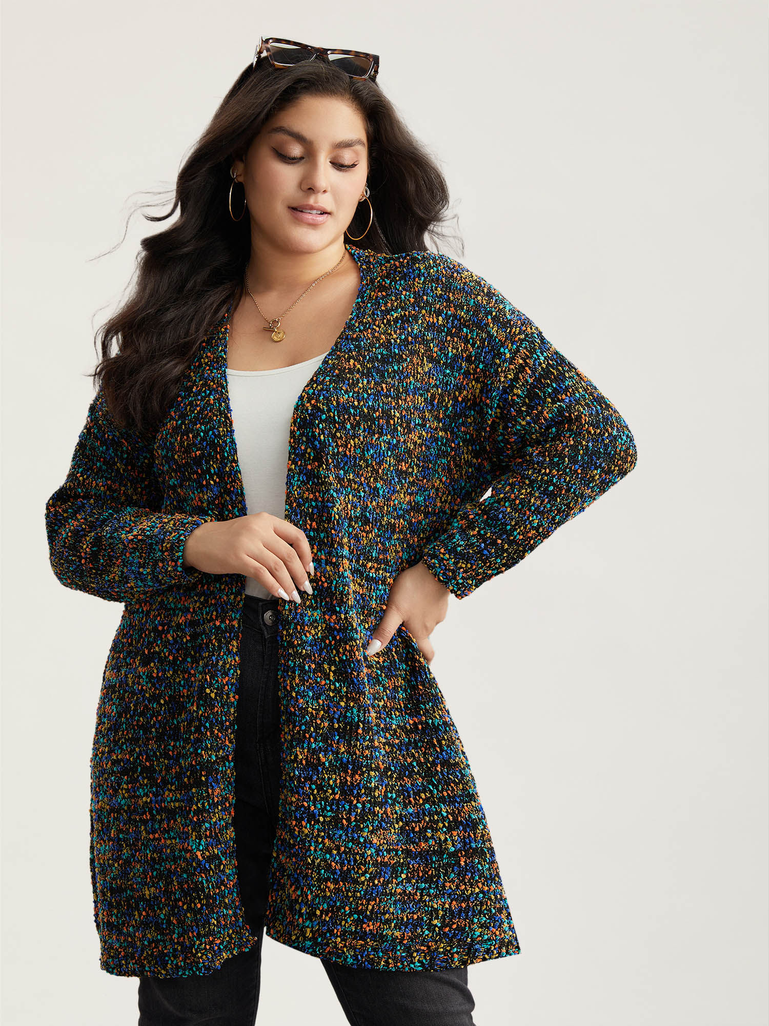 BloomChic Women's Plus Size Color Textured Open Front Cardigan Multicolor Long Sleeve V-Neck 10/M