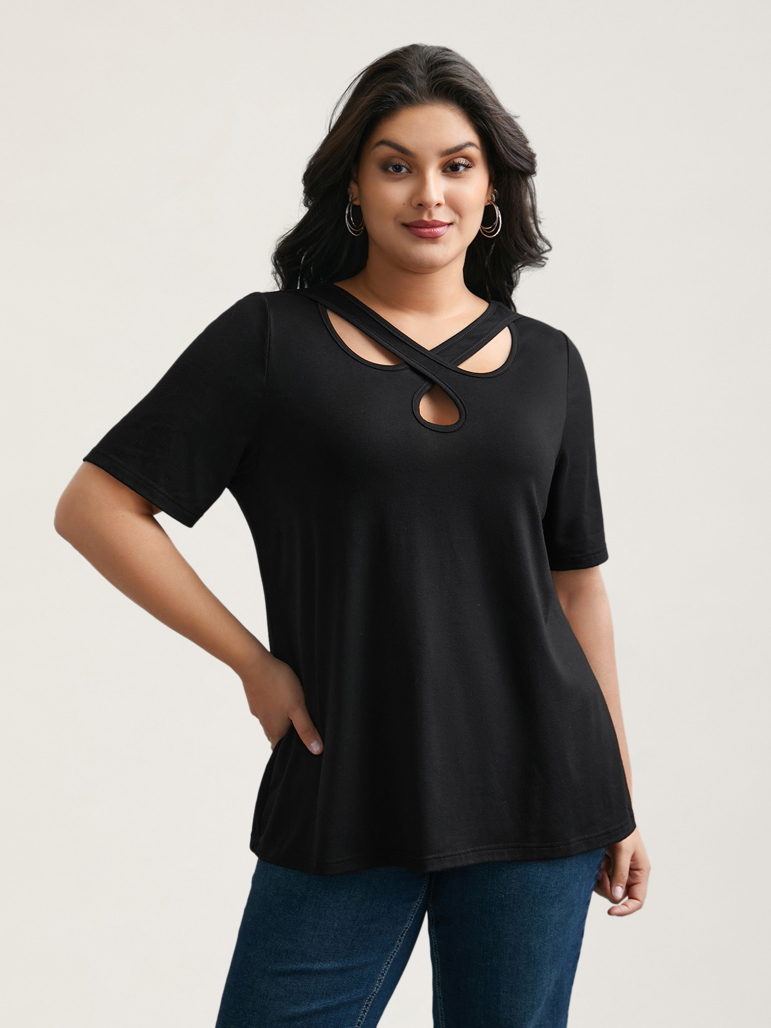 

Plus Size Crossover Keyhole Plain Stretchy T-Shirt Black Women Casual Cut-Out Asymmetrical Neck Everyday T-shirts BloomChic