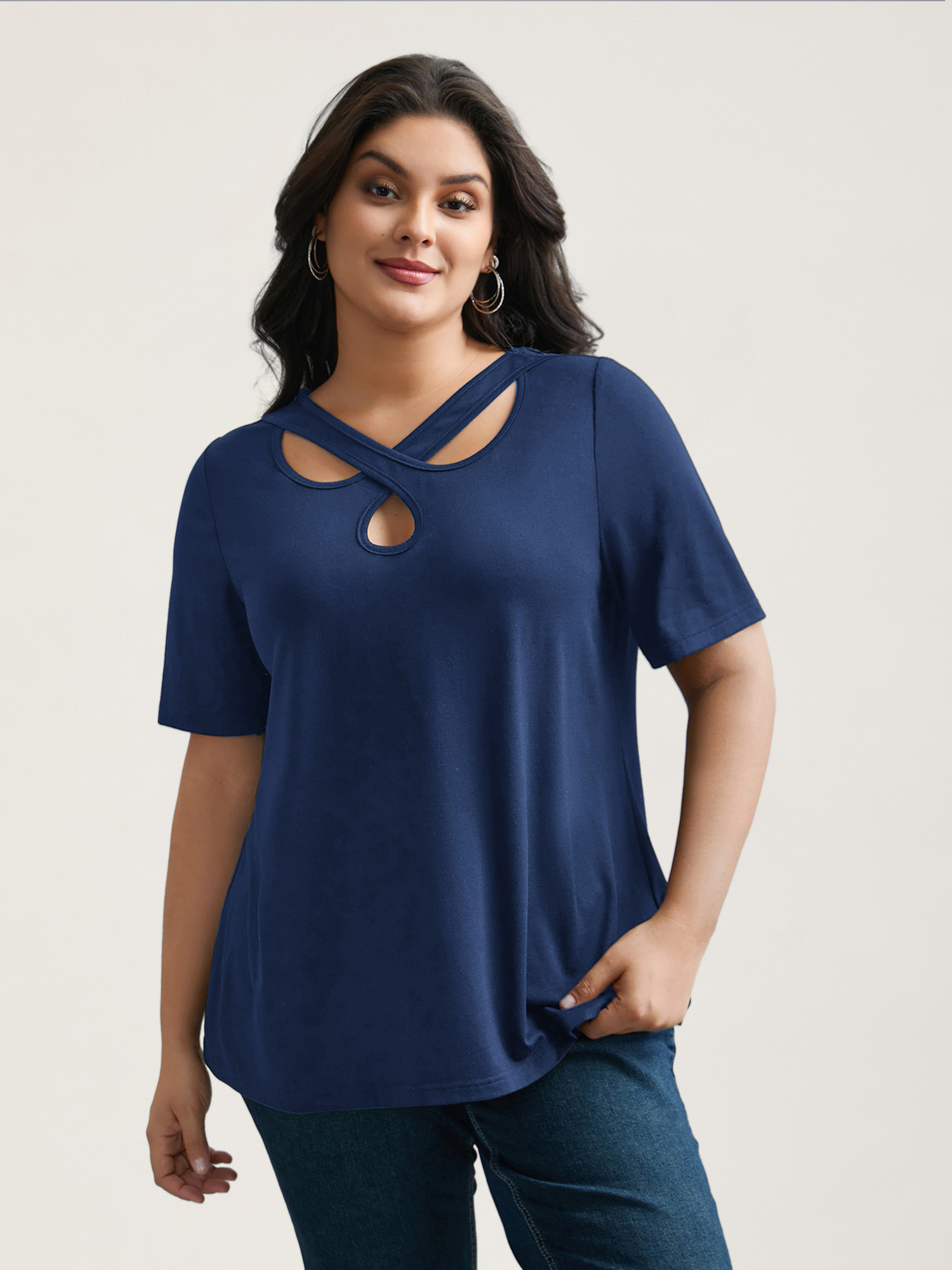 

Plus Size Crossover Keyhole Plain Stretchy T-Shirt Indigo Women Casual Cut-Out Asymmetrical Neck Everyday T-shirts BloomChic