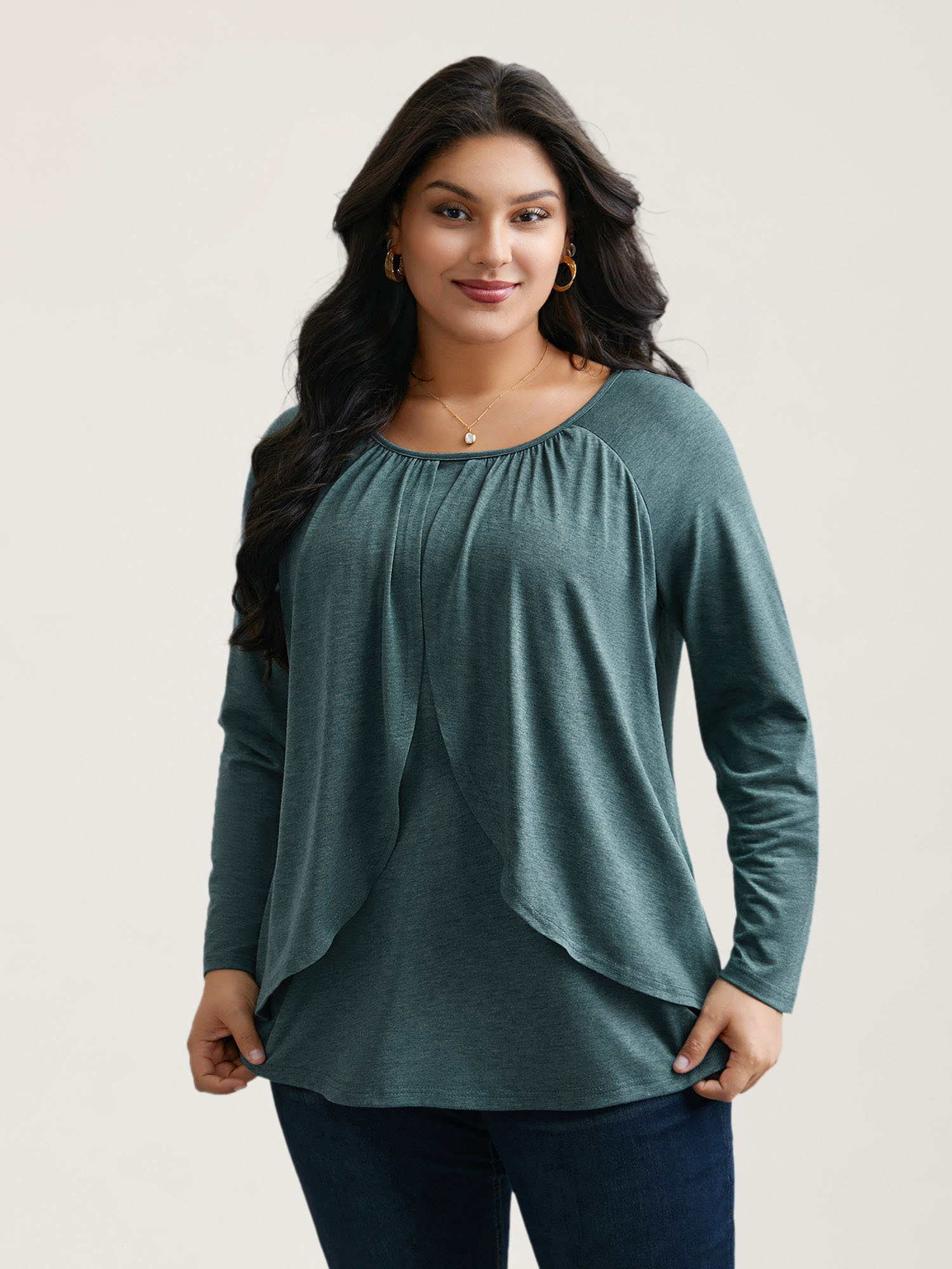 

Plus Size 2-In-1 Gathered Ruffle Trim T-Shirt Teal Women Elegant Gathered Round Neck Everyday T-shirts BloomChic