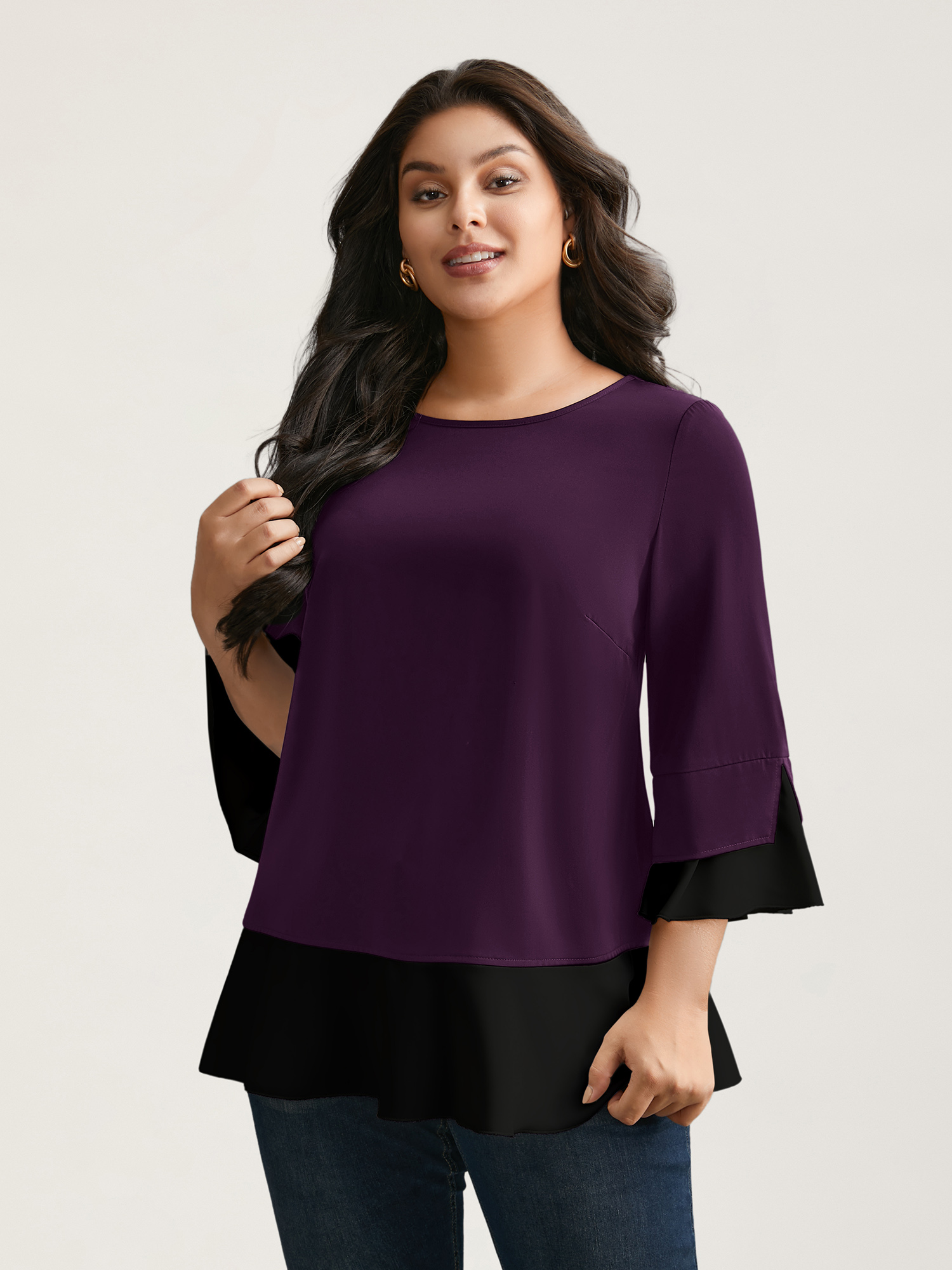

Plus Size Deeppurplered Contrast Patchwork Bell Sleeve Blouse Women Elegant Elbow-length sleeve Round Neck Everyday Blouses BloomChic