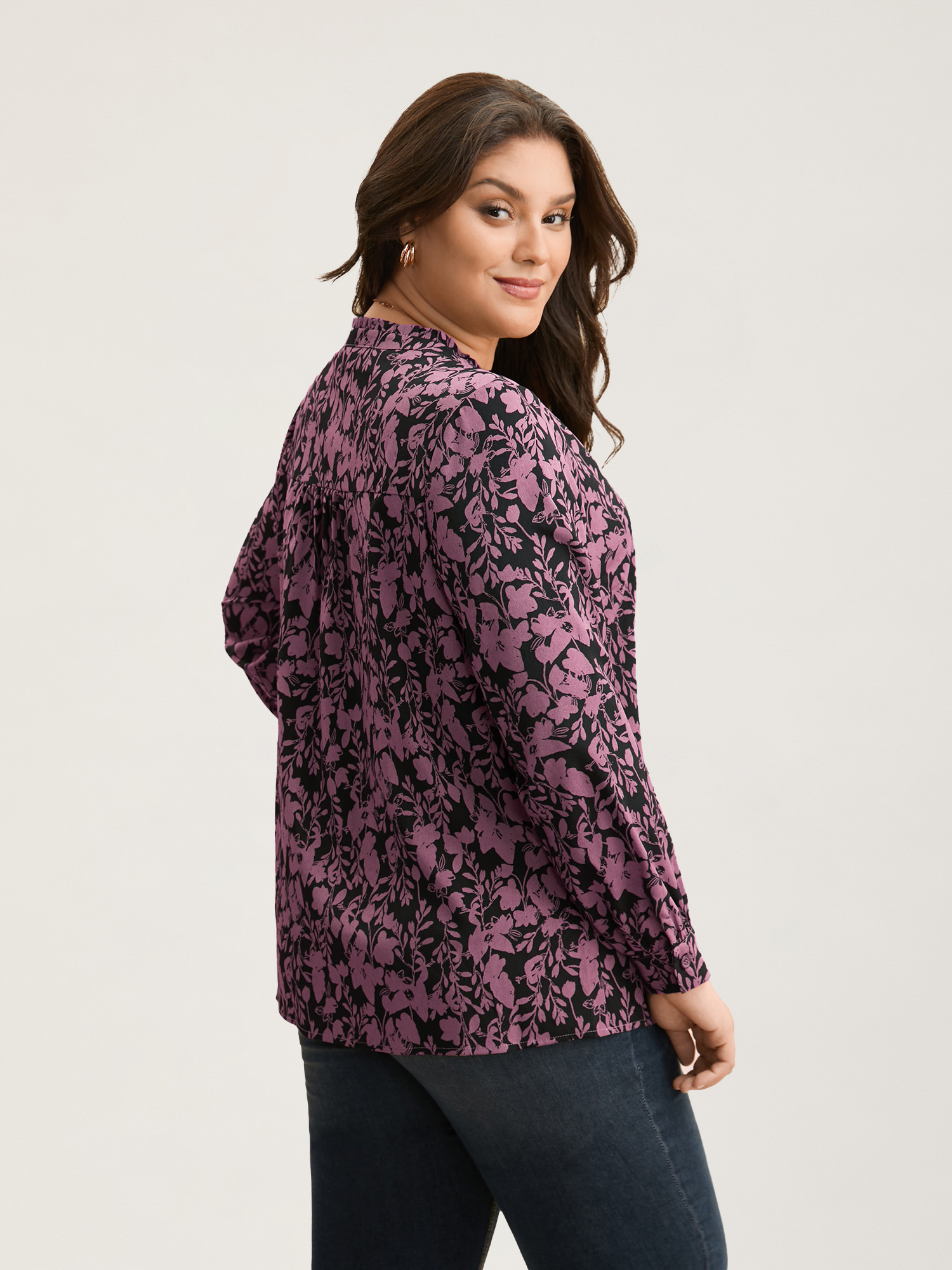 

Plus Size BlackFlower Silhouette Floral Print Notched Frill Trim Blouse Women Elegant Long Sleeve Notched collar Everyday Blouses BloomChic