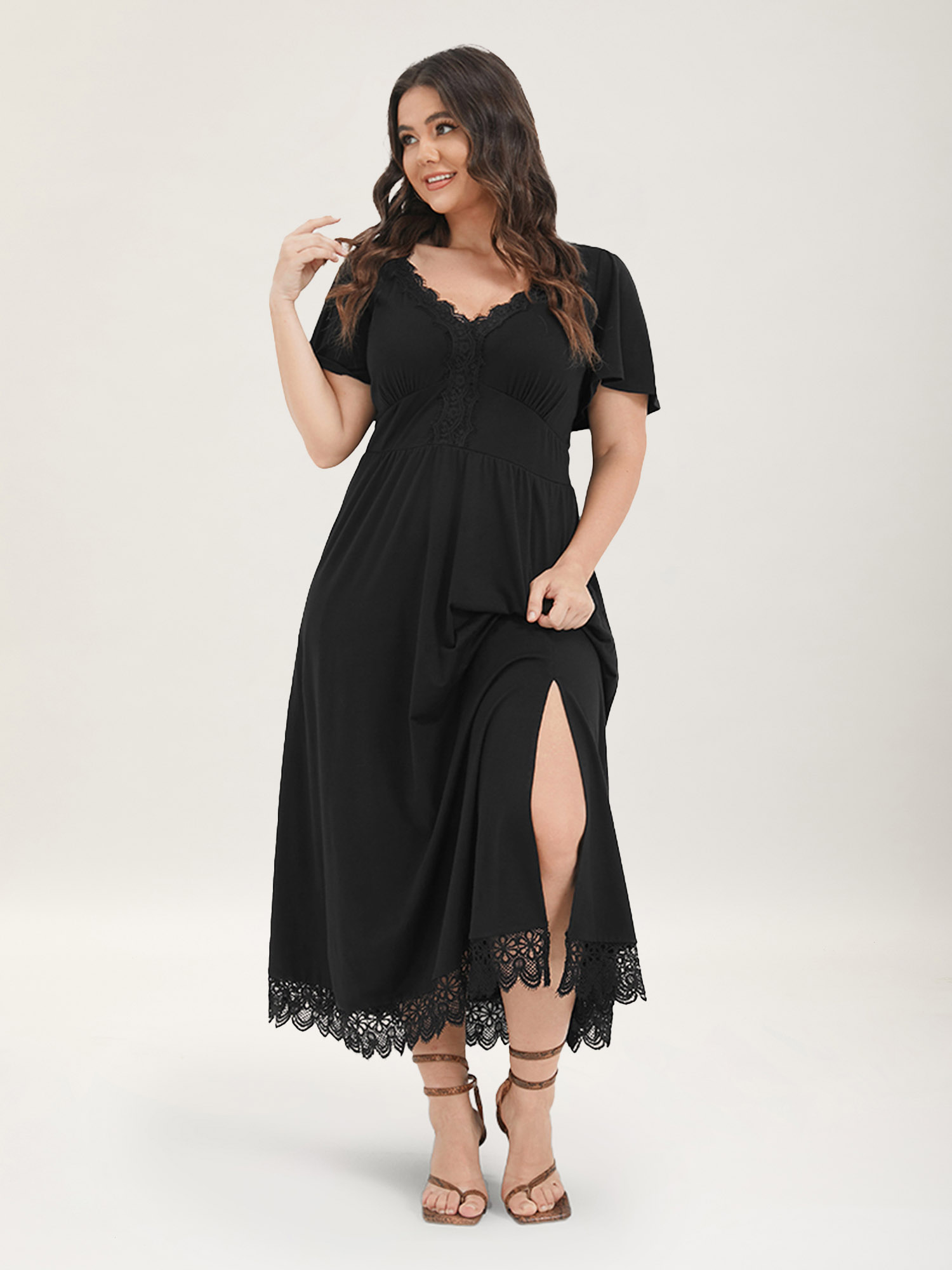 

Plus Size Solid Pocket Contrast Lace Split Maxi Dress Black Women Elegant Patchwork V-neck Short sleeve Curvy Long Dress BloomChic