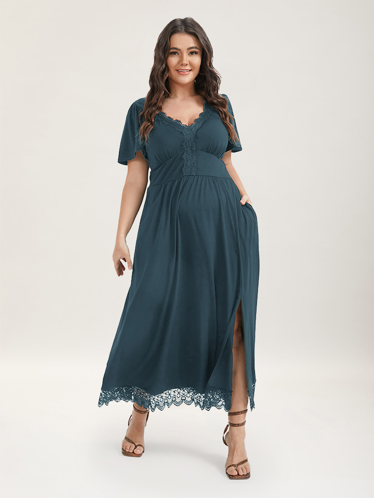 

Plus Size Solid Pocket Contrast Lace Split Maxi Dress Aegean Women Elegant Patchwork V-neck Short sleeve Curvy Long Dress BloomChic