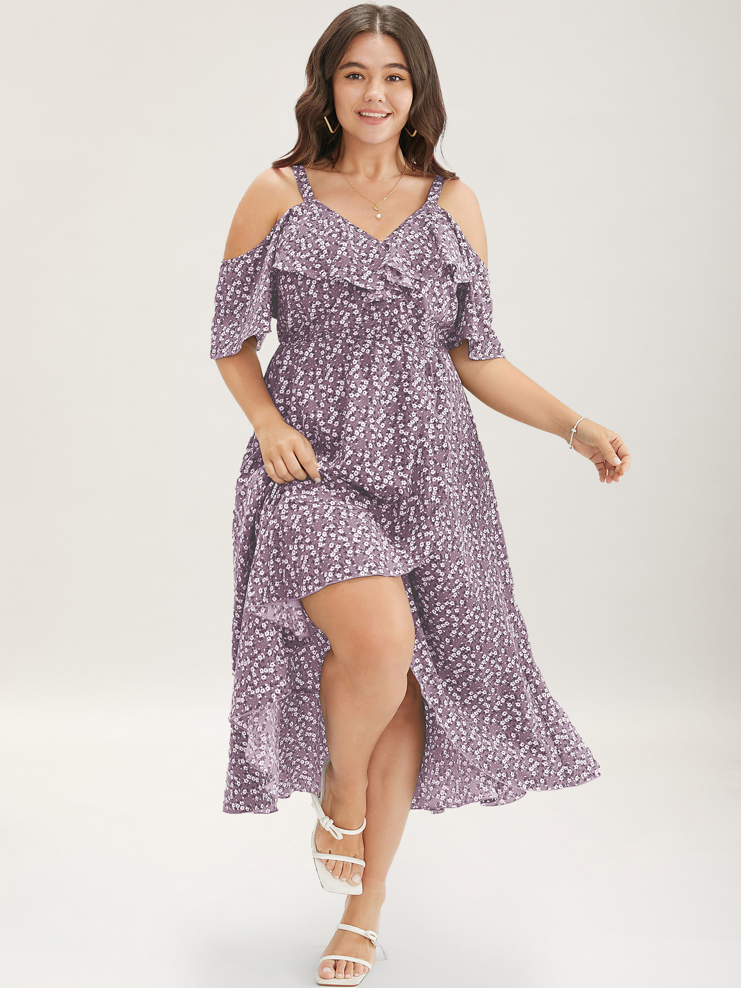 

Plus Size Ditsy Floral Pocket Wrap Cold Shoulder Ruffle Dress Mauve Women Elegant Non Overlap Collar Short sleeve Curvy Midi Dress BloomChic