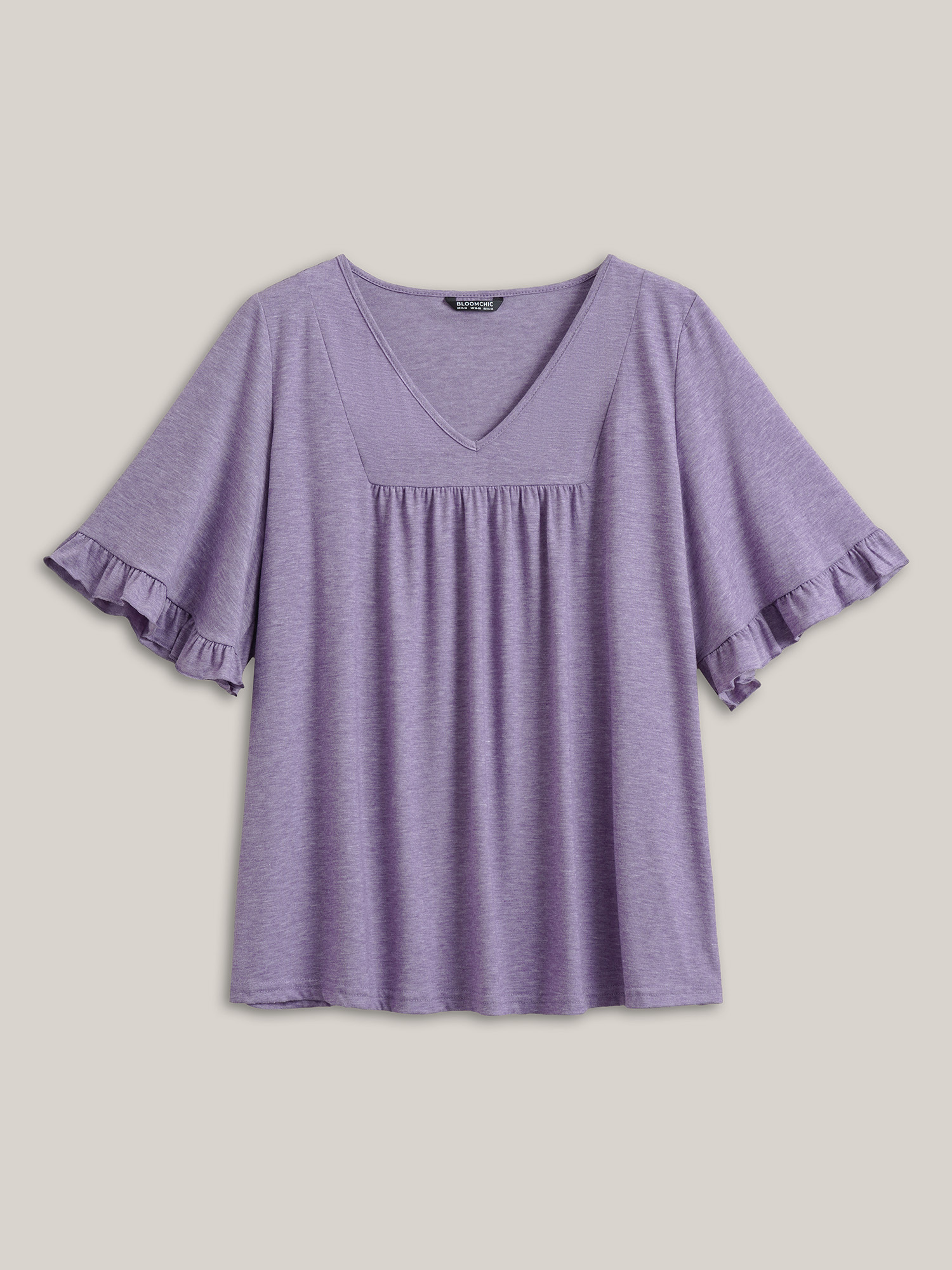 

Plus Size Solid Gathered Ruffle Trim Flounce Sleeve T-shirt Mauve Elegant Jersey Tops