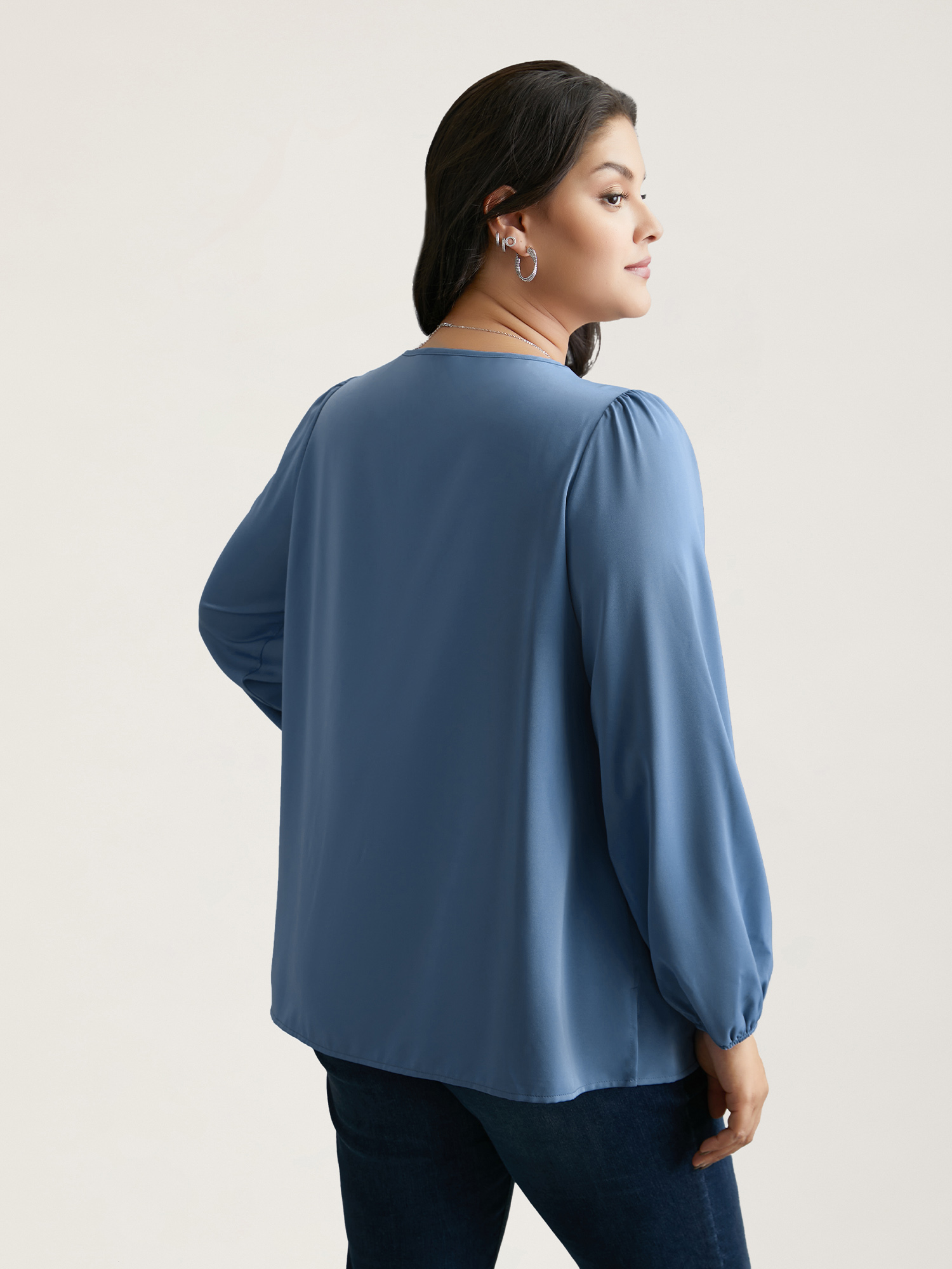 

Plus Size Stone Criss Cross Neckline Puff Sleeve Gathered Blouse Women Elegant Long Sleeve Asymmetrical Neck Everyday Blouses BloomChic